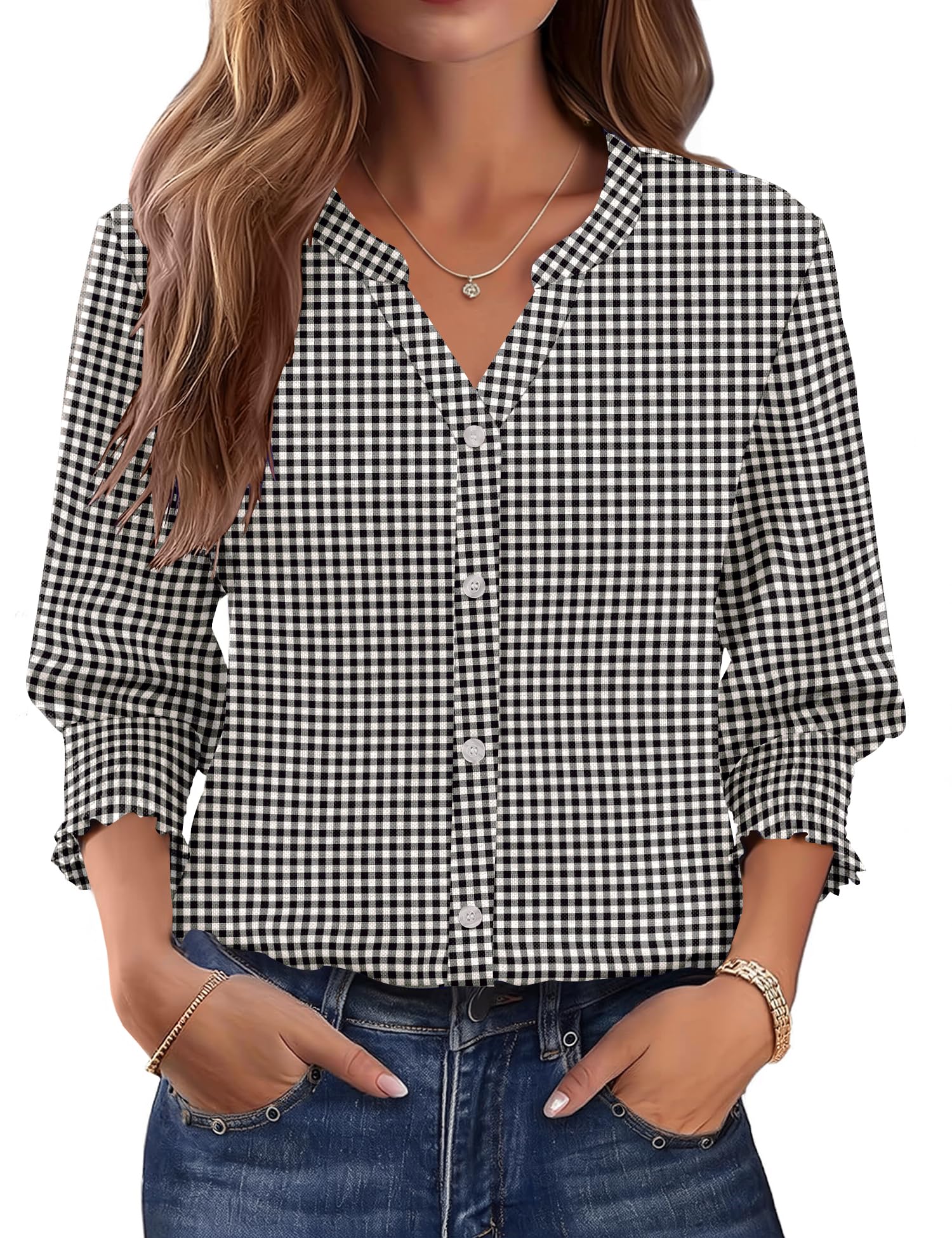 Rapbin Bluse Damen 3/4 Ärmel Langarm Hemd Shirt V-Ausschnitt Oberteil Top Button Down Kleid Blusen Sommer Outfit Tshirt
