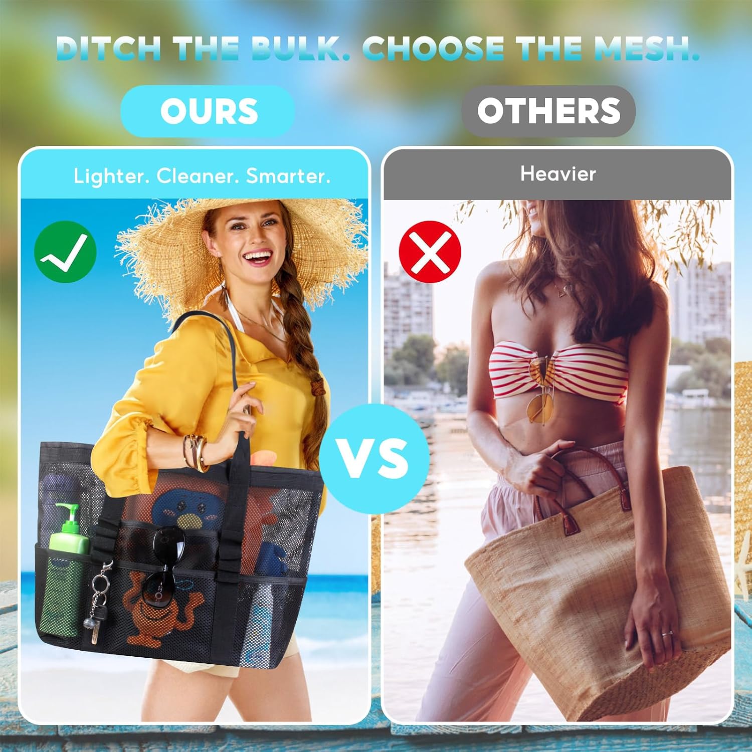 Large Mesh Beach Bag – Lightweight Beach Tote with 9 Pockets, Beach Bag for Women, Men, Family Essentials