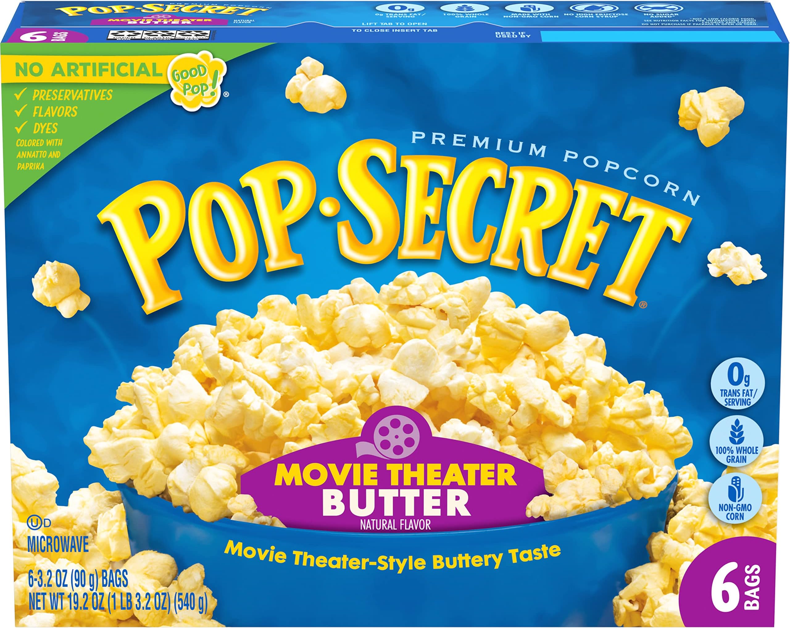Microwave Popcorn, Movie Theater Butter, 3.5 oz Bags, 6 Bags/Box