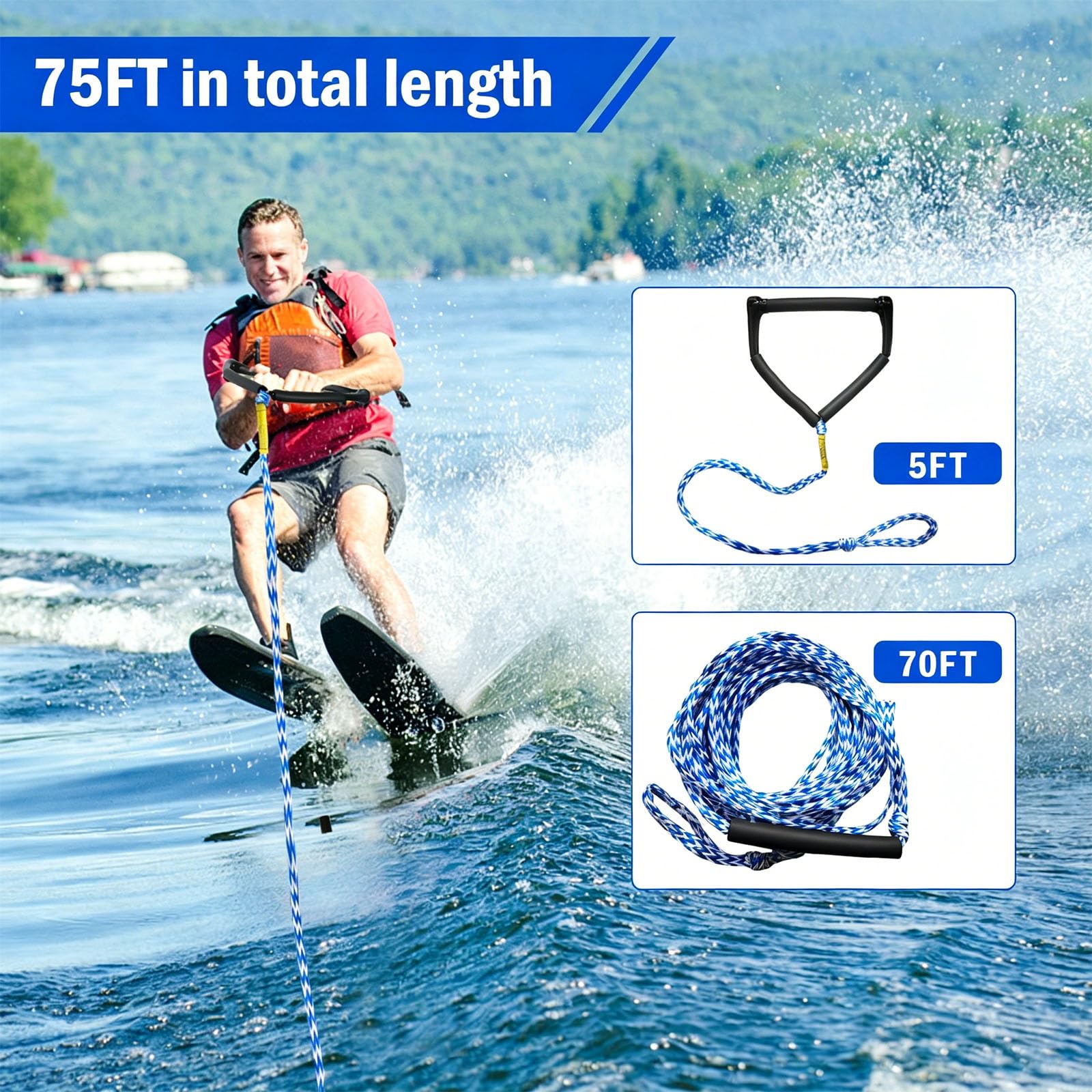 2,5 m langes Wakeboard-Seil mit einem Griff für verschiedene Bootfahren und Skifahren Wassersport-Zugseil