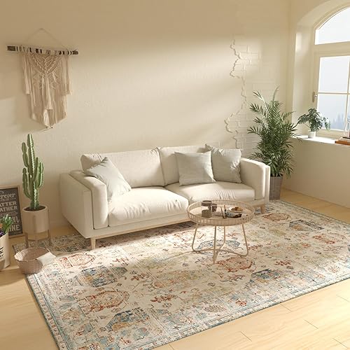 i-VTIES Alfombra lavable a máquina de 8 x 10 pies con alfombra vintage antideslizante para sala de estar, alfombra de pelo bajo con estampado floral