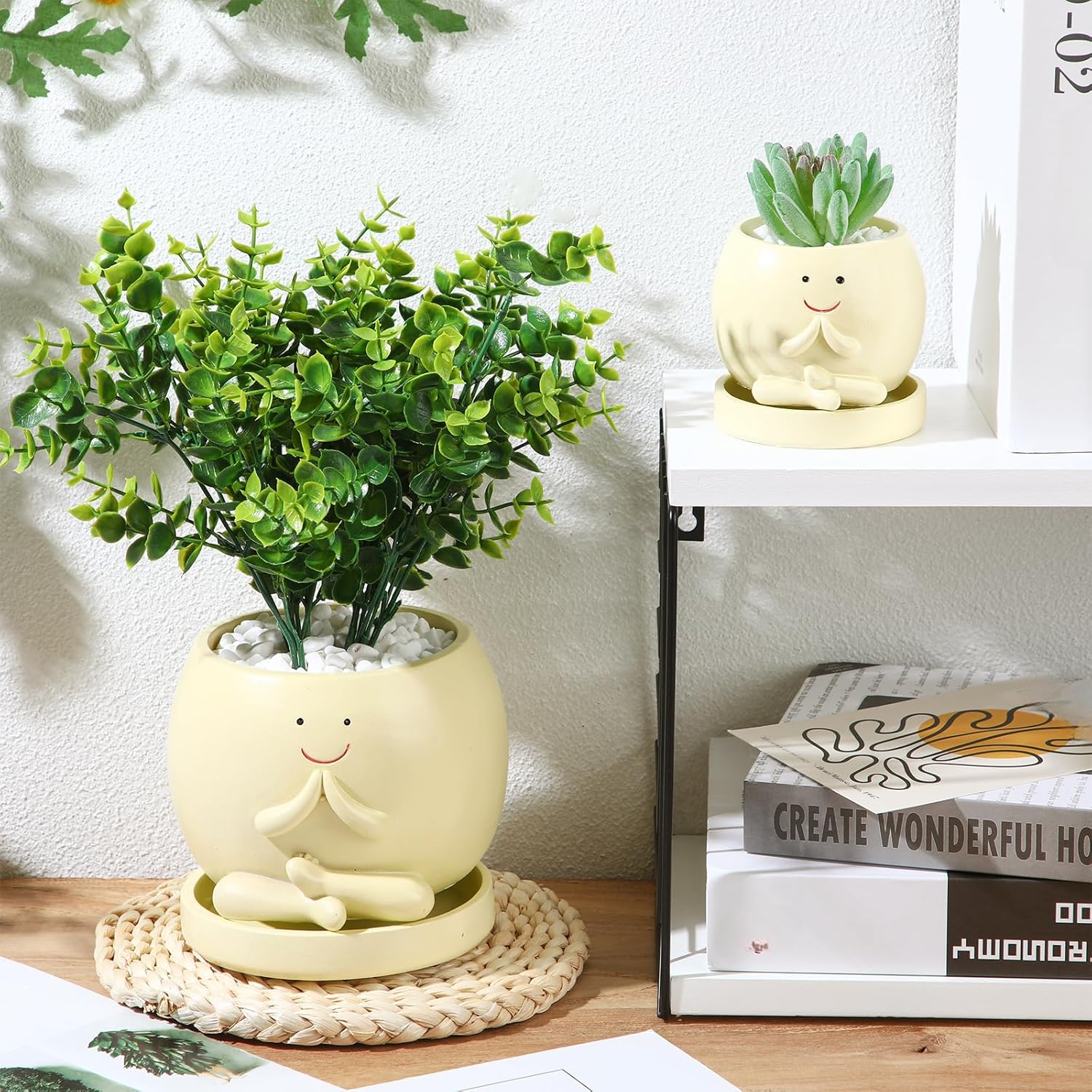 SiliFine 2 Pcs Smile Face Planters Pots with Drainage Hole, 6'' Head Planters 3.6'' Cute Resin Flower Pot for Indoor Plants, Succulent Pots for Plant Lover Gift(Yoga)