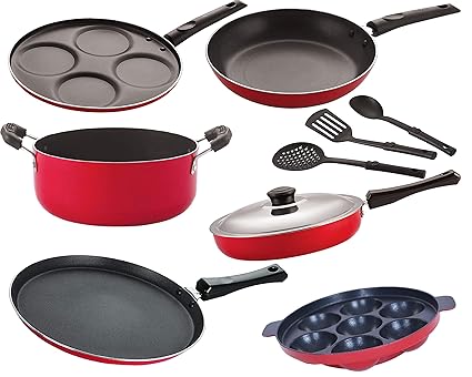 Nirlon Non-Stick Aluminium Gas Compatible Cookware Kitchen Utensils Combo Gift Set Offer - 9 Pieces [FT13_FP11_TP_AP(7)_Cass20_UP4_3SPN]