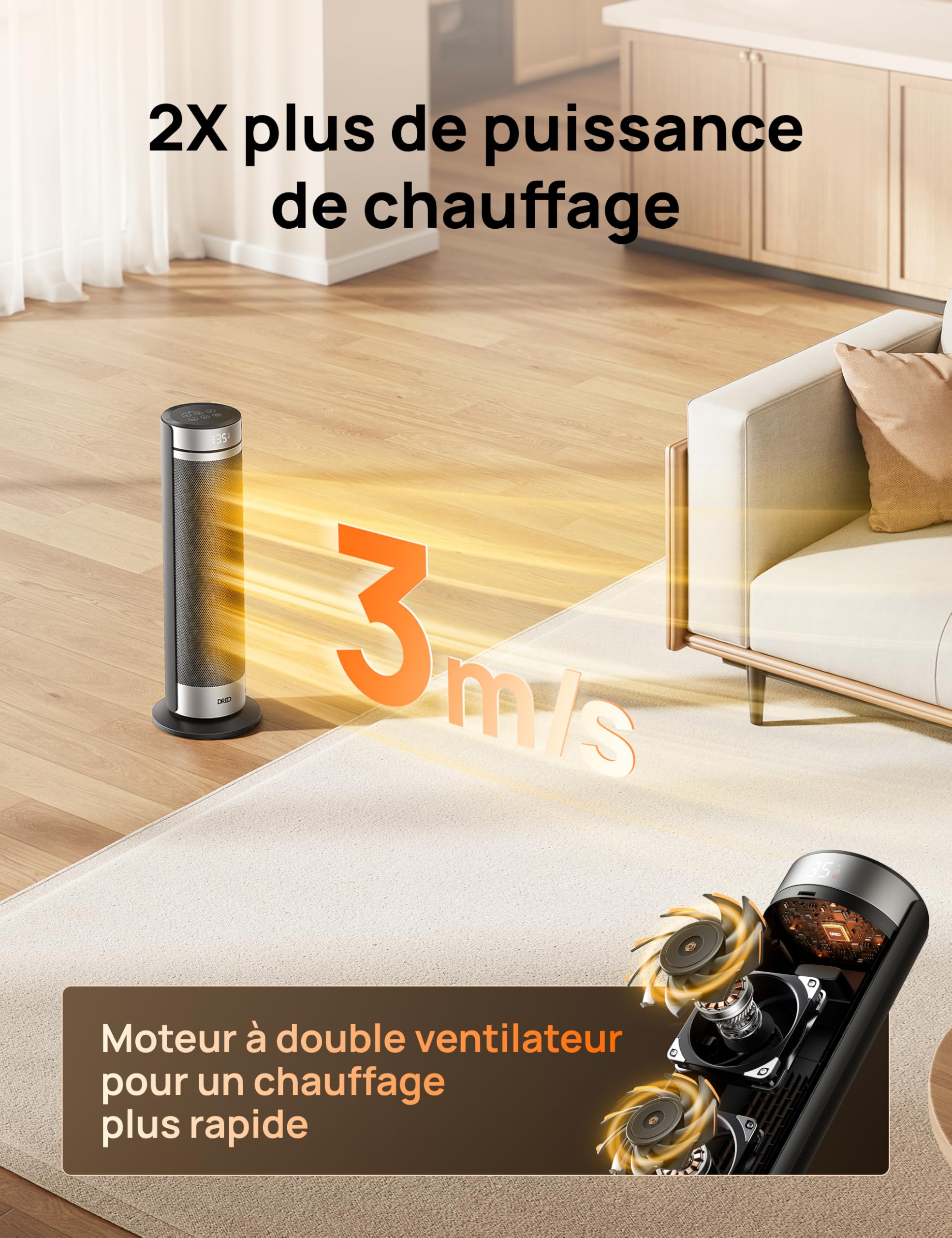 DREO Chauffage Tour 23 Pouces 2000W Silencieux, Radiateur Portable avec Télécommande, Oscillation 70°, Minuterie 12H, 5 Modes, Chauffage Céramique PTC avec Thermostat pour Bureau et Grande Pièce