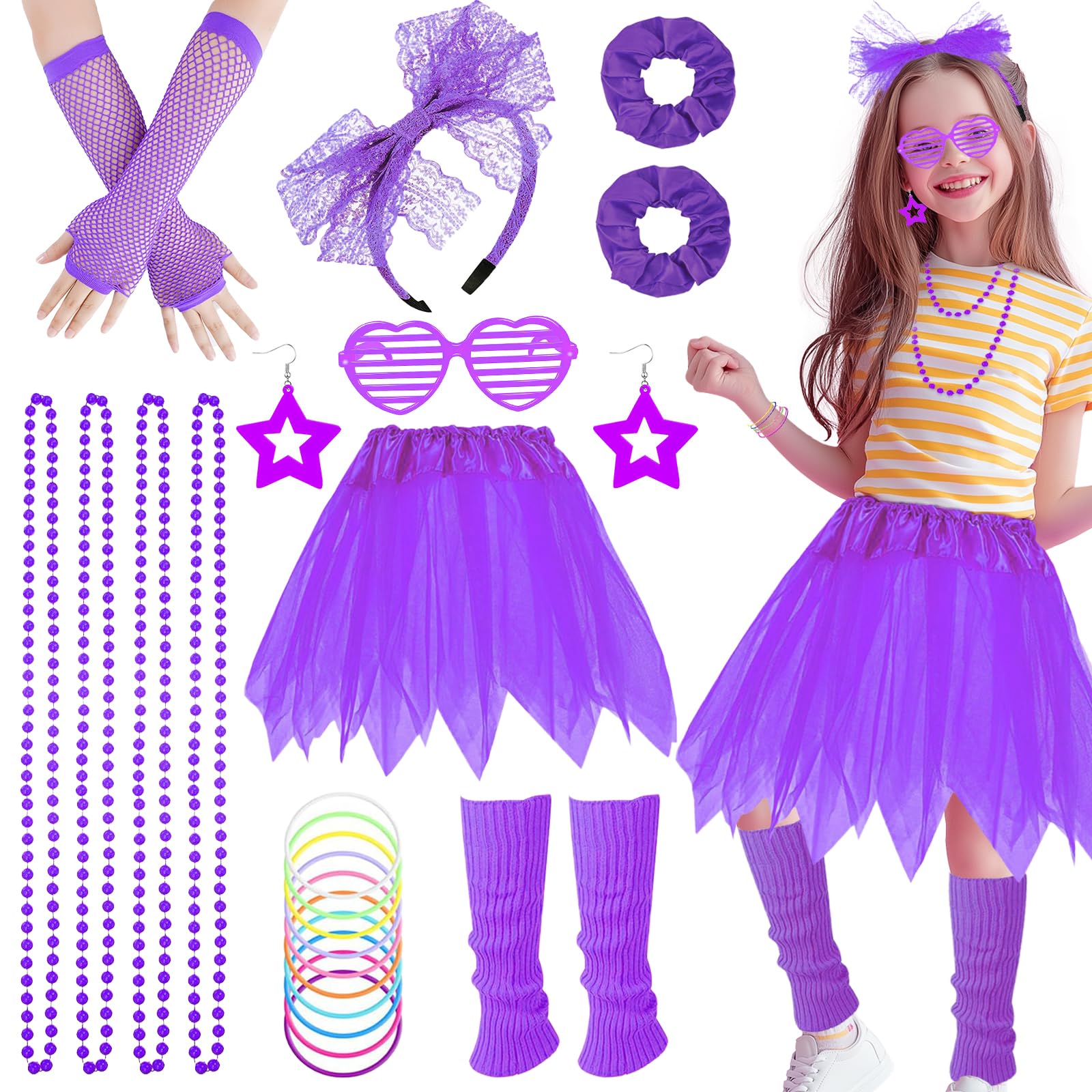 80s Costume Accessories Set for Girls, 1980s Fancy Dress Neon Party Outfit with Tutu Skirt Fishnet Gloves Leg Warmers Earrings Bracelets Necklaces Glasses for 80s 90s Disco Party Cosplay (Purple)