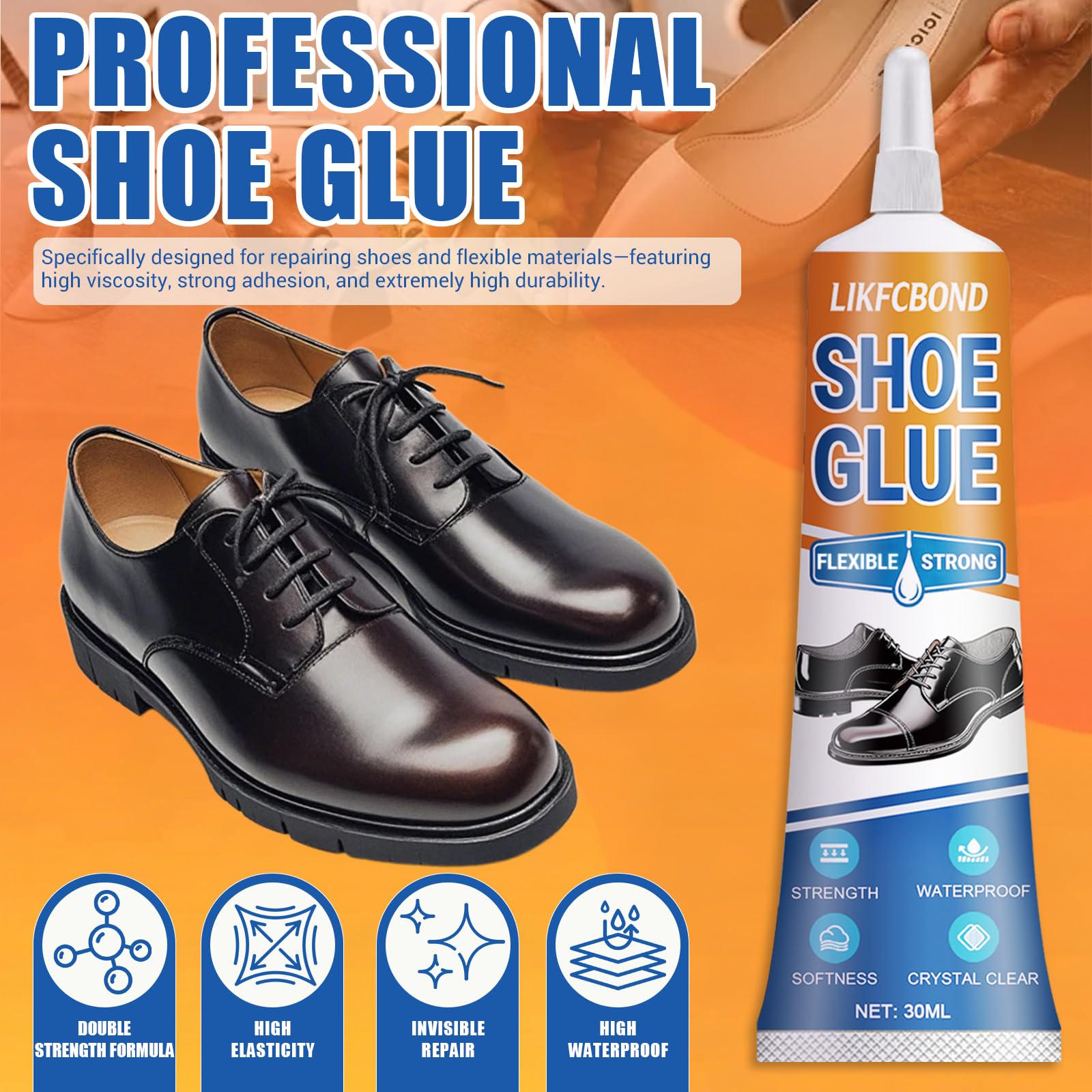 Colla per Scarpe Extra Forte, 2 Pezzi 30ML Adesivo per Scarpe Impermeabile, Trasparente Adesivo per Riparazione Suola Colla Scarpa Adatto per Scarpe Usurate Stivali, Ginnastica, Pelle