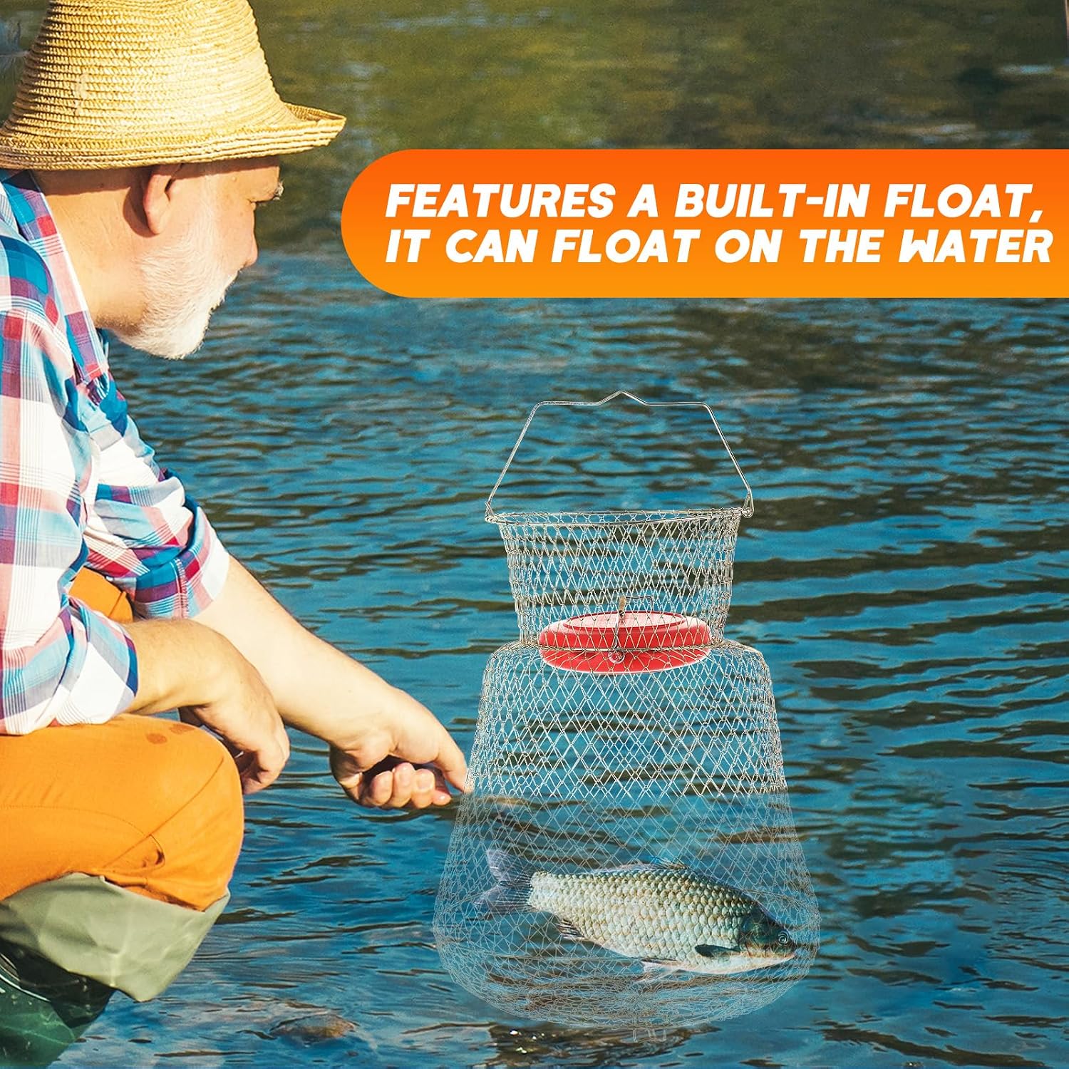 2 Pack Floatable Galvanized Steel Wire Fish Basket | Collapsible and Portable Fishing Basket Cage, Robust and Easy to Use Fish Basket for Live Catch Outdoors