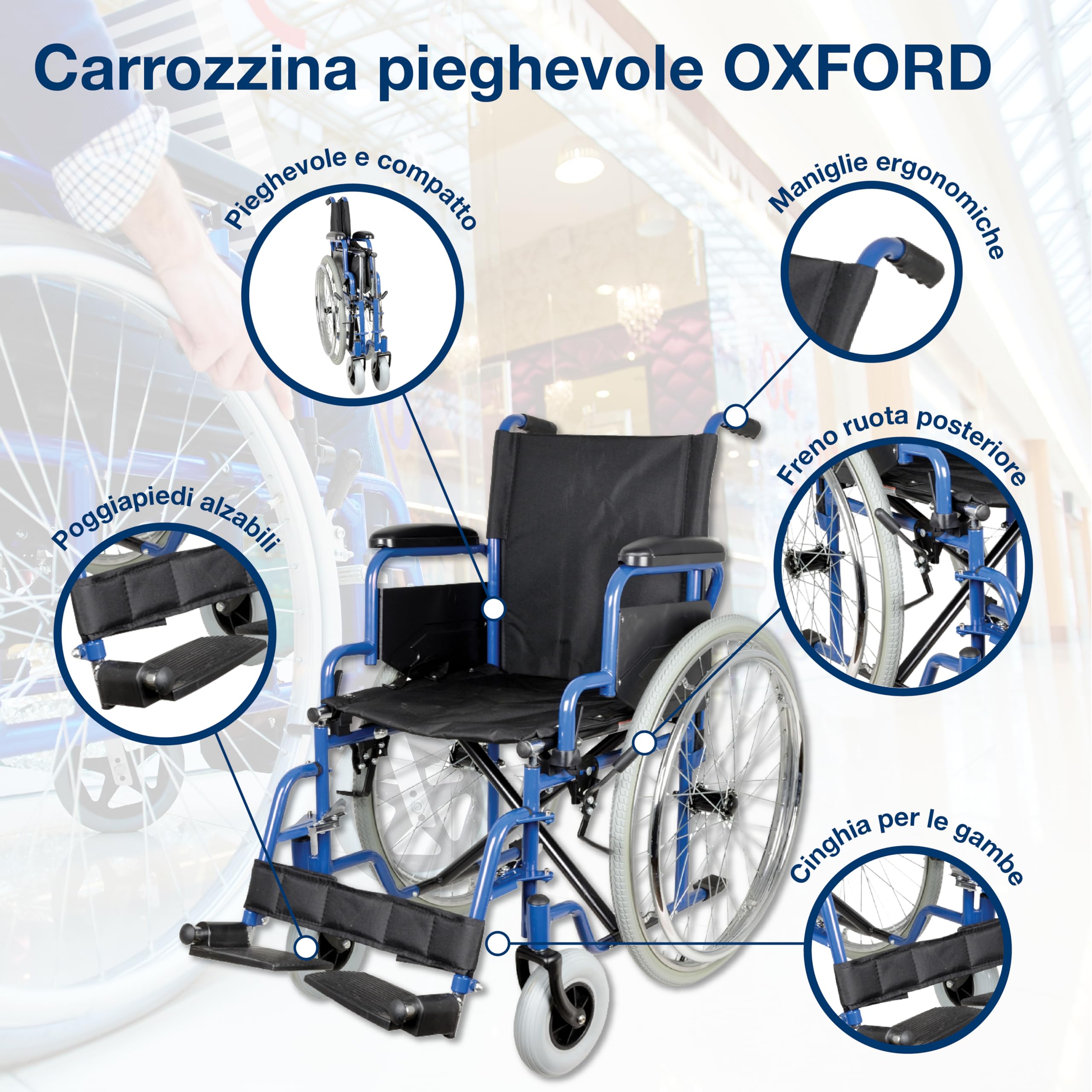 Gima - wózek inwalidzki Oxford, czarny materiał, stalowa rama i hamulce blokujące na tylnych kołach, 46 cm, 43271