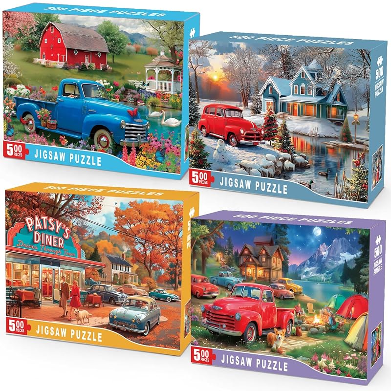 4 Pack 500 Piece Puzzles for Adults, Cars Jigsaw Puzzles 500 Pieces, Vintage Country Landscape Puzzle Set, Farm Barn Diner Camping Winter Scenes, Gifts for Adults Teens Seniors