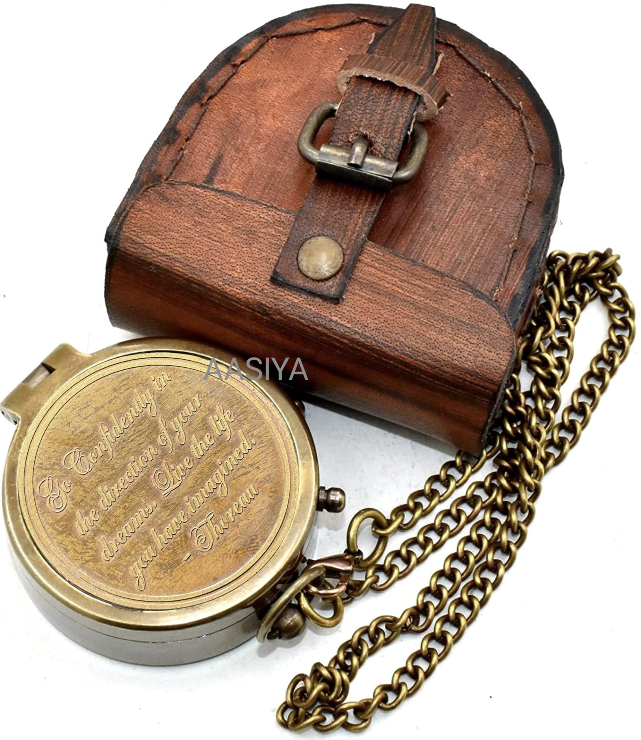 AASIYA Brass Nautical Pocket Compass with Chain and Leather Case for Travel Hiking Go Confidently in The Direction of Your Dream Special Quote Engravable Outdoor Compass