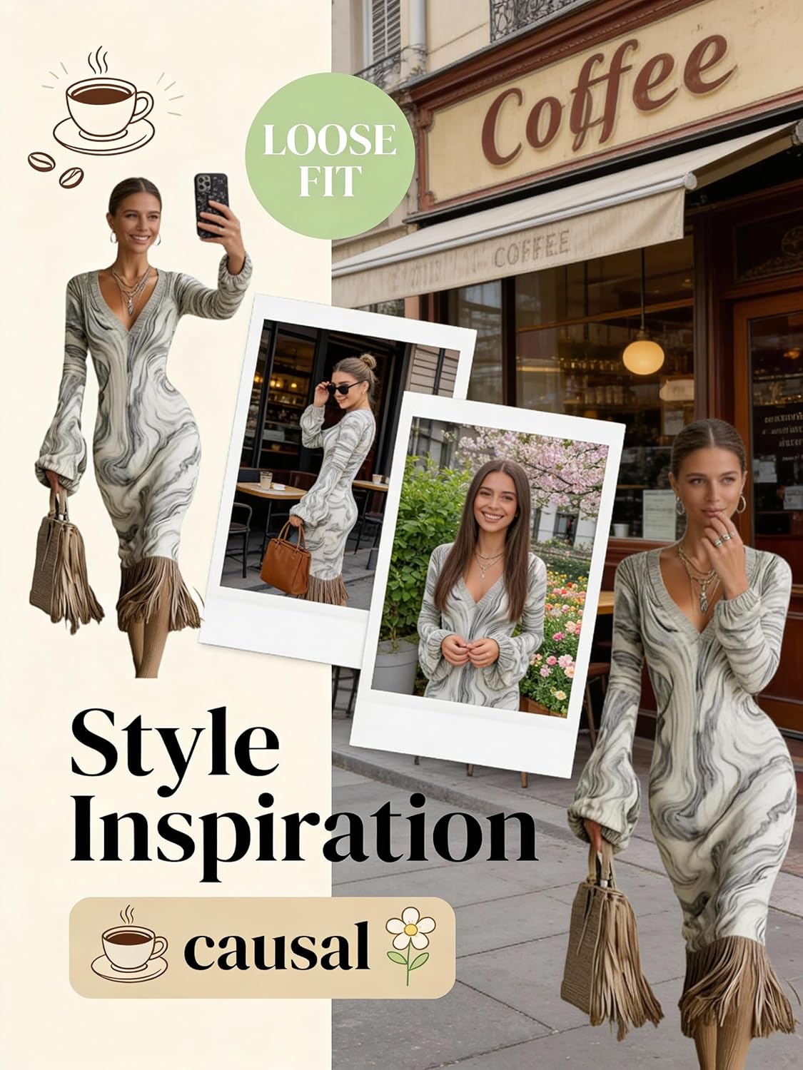 OSCORP Women’s Bohemian V-Neck Midi Dress with Long Sleeves,Flowy Printed Wedding Guest Dress with Belted Waist - Image 3