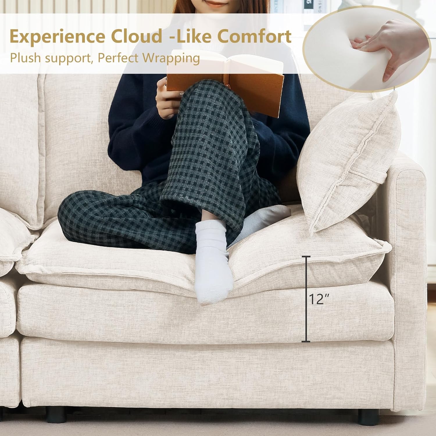 GNIXUU 102" Modular Sectional Sofa, L Shaped Cloud Couch with Movable Ottoman & 4 Pillows, Deep Seat Chenille 4 Seater Sectional Couches for Living Room, Apartment (Beige)