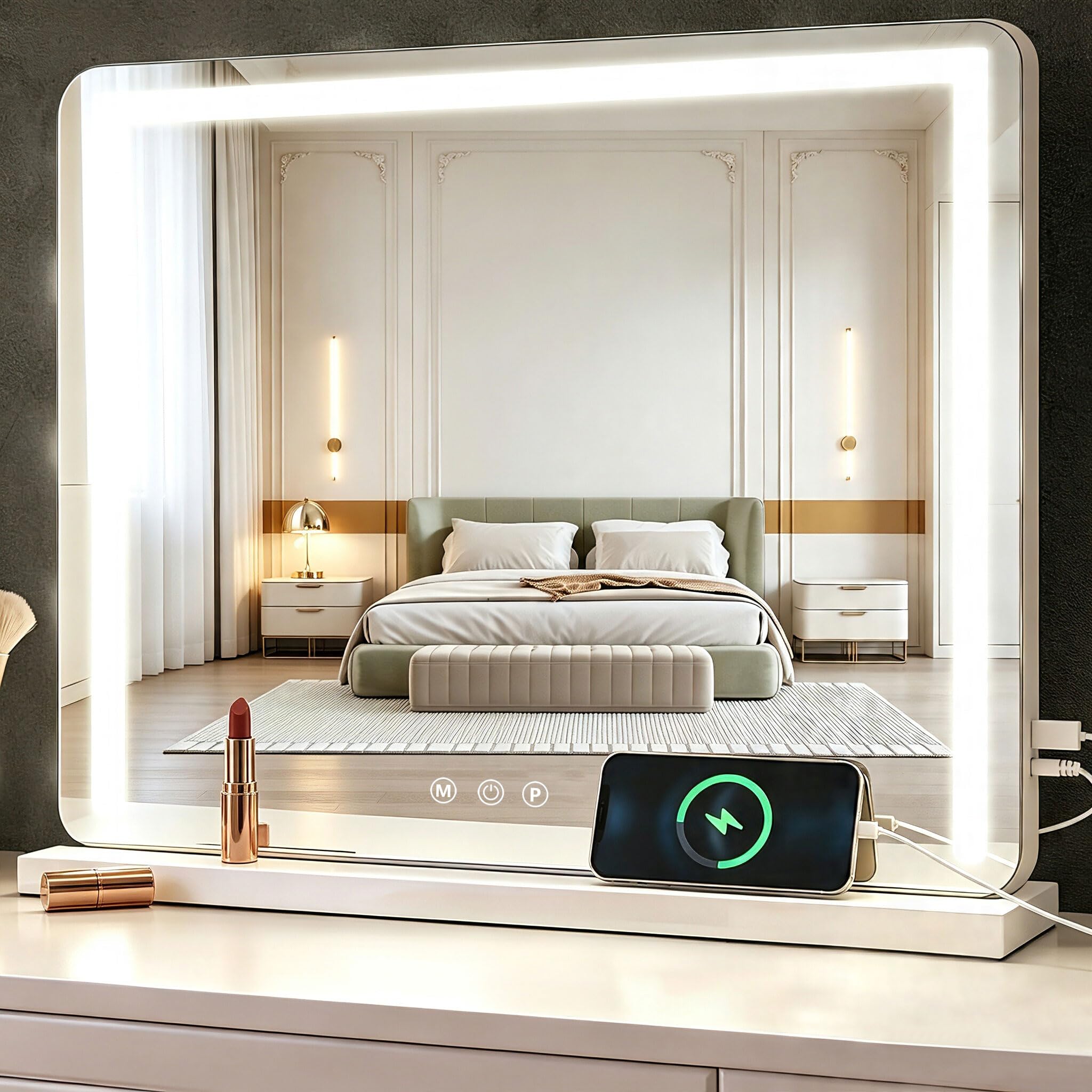 Schminkspiegel mit Beleuchtung 58x43cm,Hollywood Spiegel mit LED Licht | Vanity Spiegel Tischspiegel USB Type C 3 Lichtmodi 10X Vergrößerung gehärtetes Glas ideal für Schminktisch Schlafzimmer