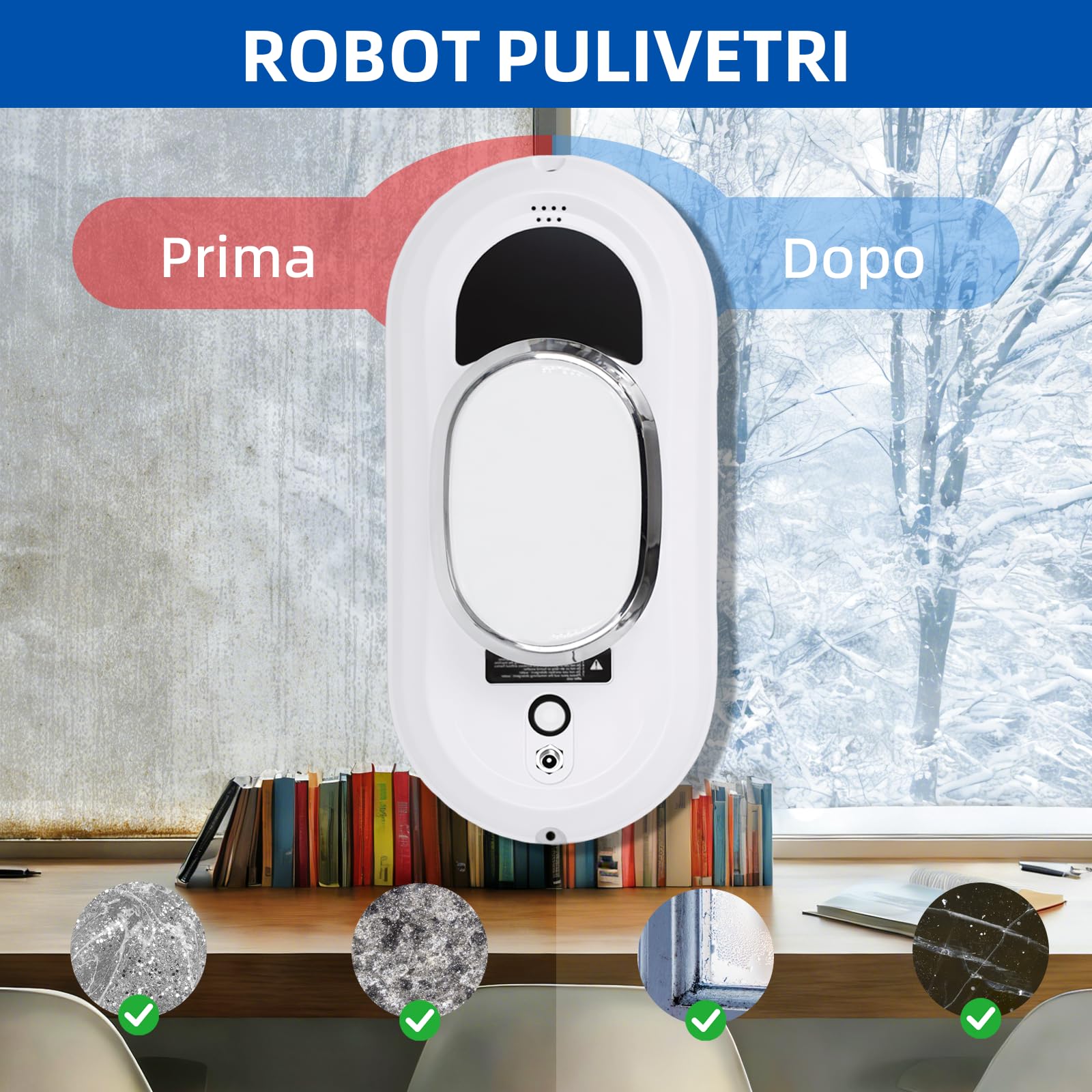 Robot per pulizia finestre con aspirazione 5600 Pa, 3 modalità di pulizia, navigazione intelligente, telecomando, sistema di sicurezza e 10 tamponi di pulizia, adatto per superfici lisce.