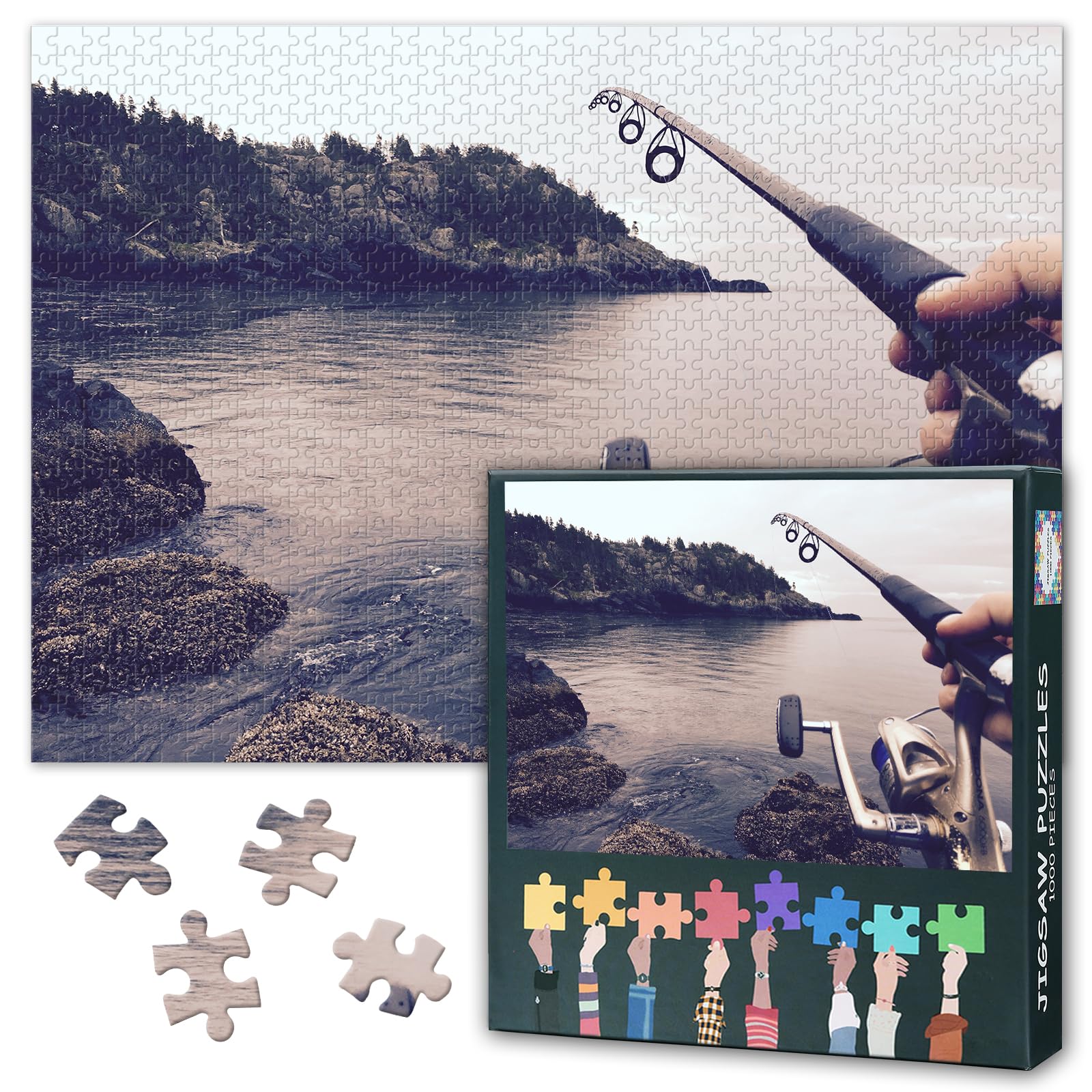 Jigsaw Puzzle 1000 Pieces for Adults Black and White Fishing Rod Reels Wall Art Monochrome Canvas Print Bedroom Decor Modern Art Challenge 27.5 x 19.7 Inches โ image 1