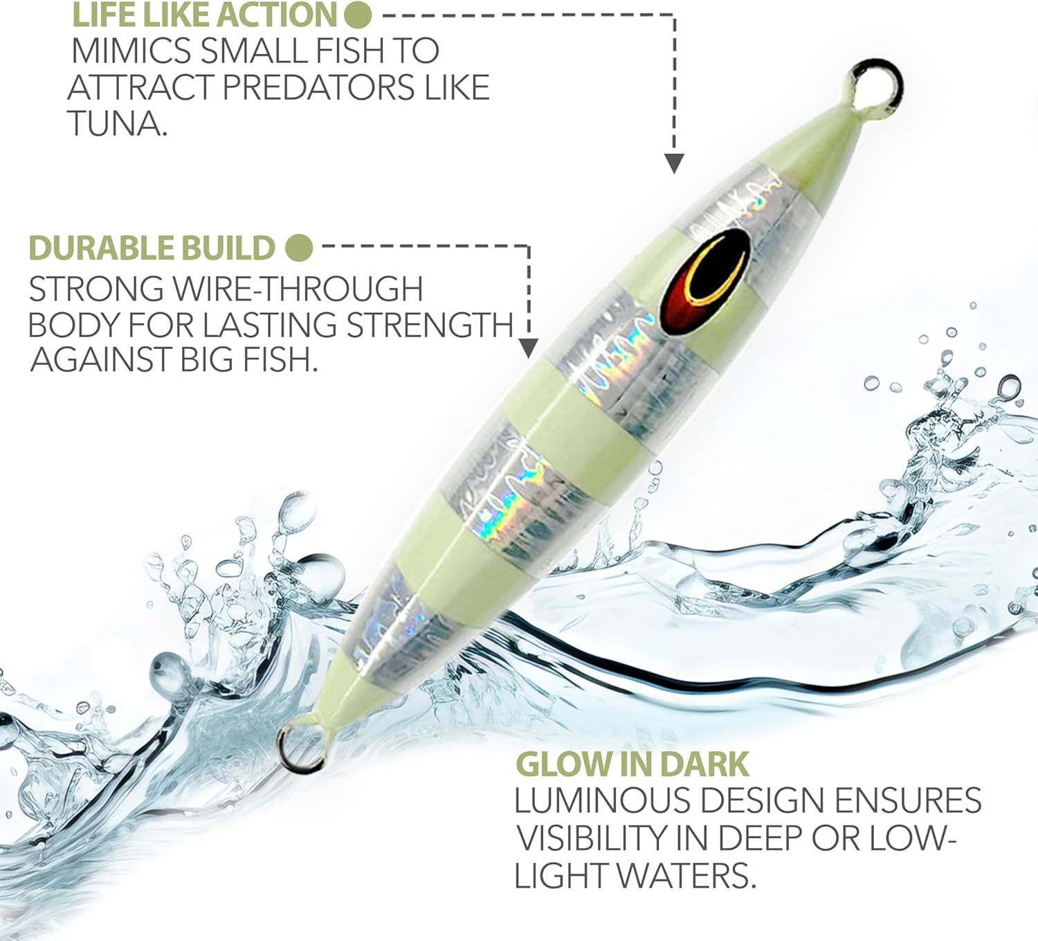 5.5" Tuna jigs,300g Saltwater Jigging Lures, 3 pcs Silver Zebra Glow, for trolling & Jigging, Wire-Through Design, Ideal for Offshore Tuna Fishing
