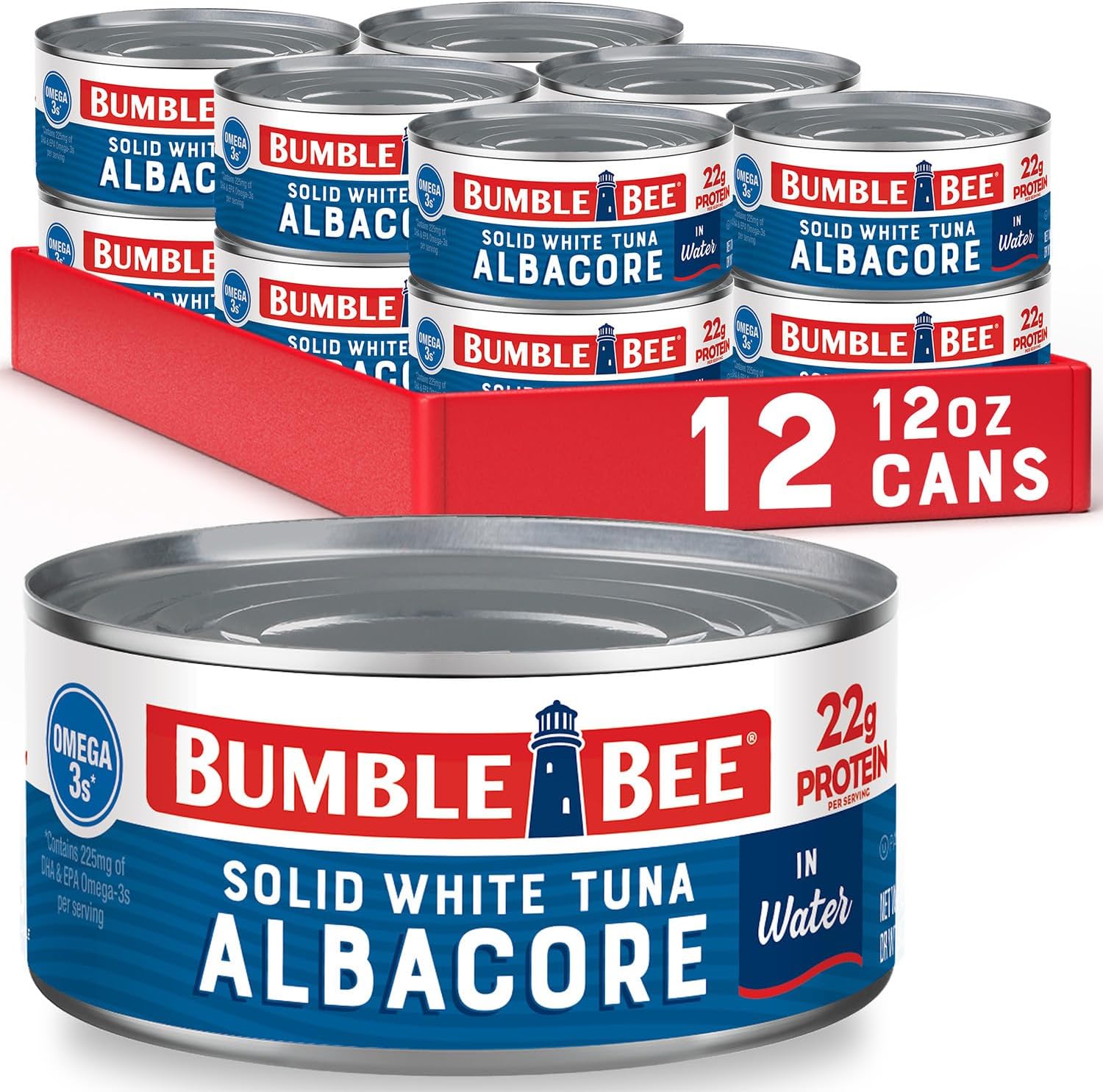 Bumble Bee Solid White Albacore Tuna in Water, 12 oz Can (Pack of 12) - Wild Caught Tuna - 22g Protein per Serving, High in Omega-3s - Non-GMO Project Verified, Gluten Free, Kosher