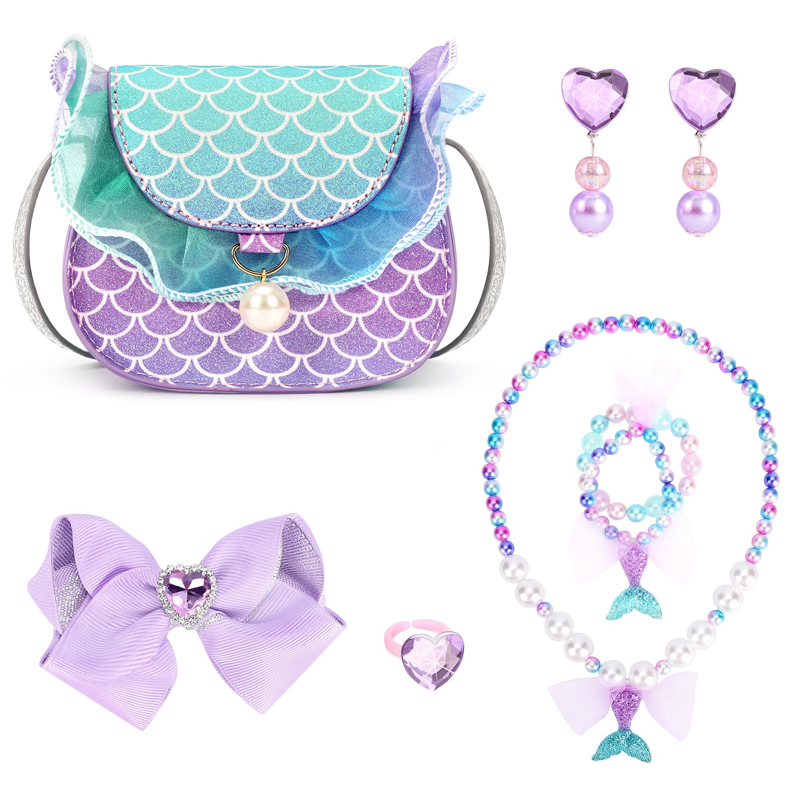 Bolso para niñas pequeñas, regalos para niñas de 3 a 8 años con joyas de vestir, accesorios de juego de simulación, juguetes de sirena para niñas de 4 a 5 años 2