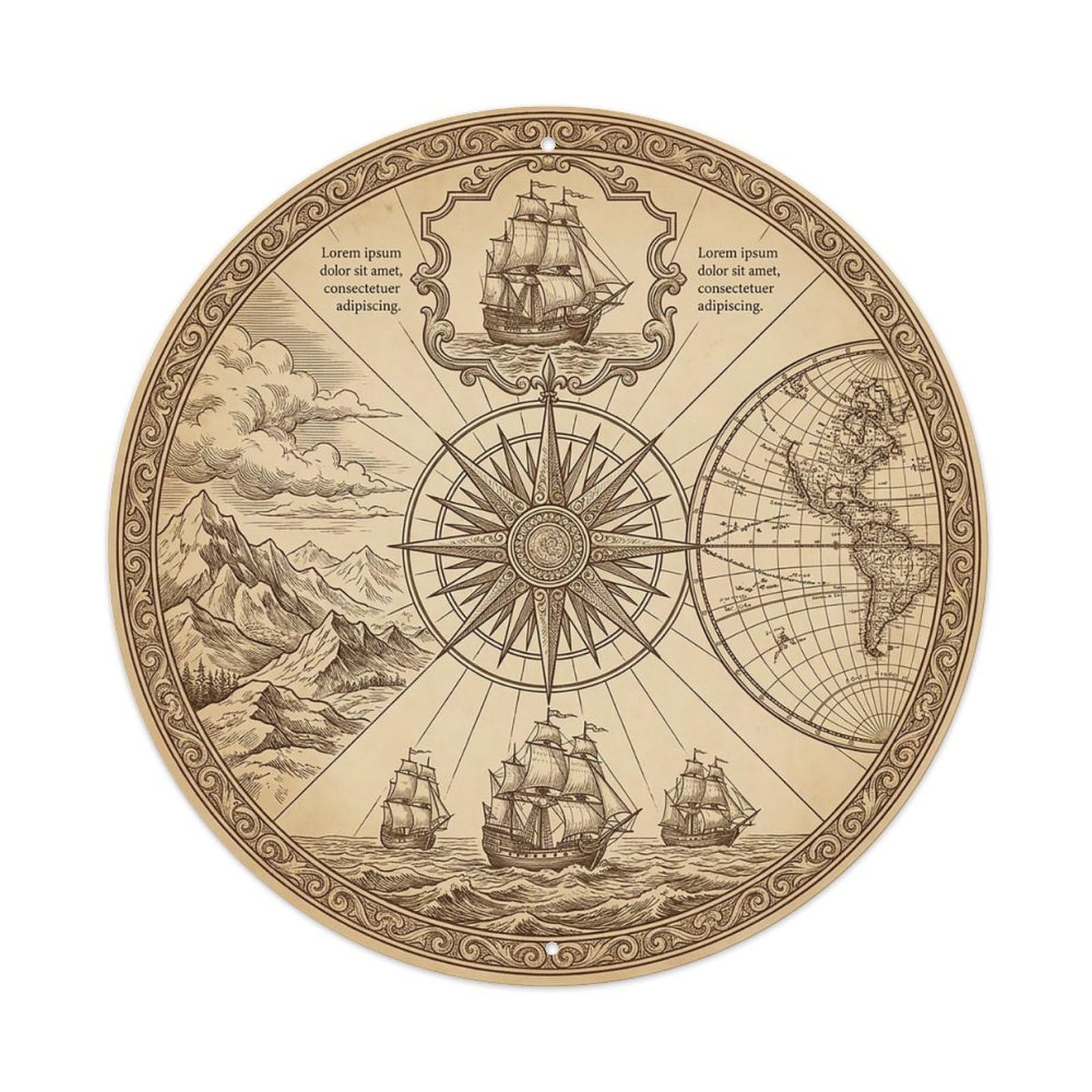Vintage Nautical Compass World Map Cartographer Legacy Metal Tin Sign