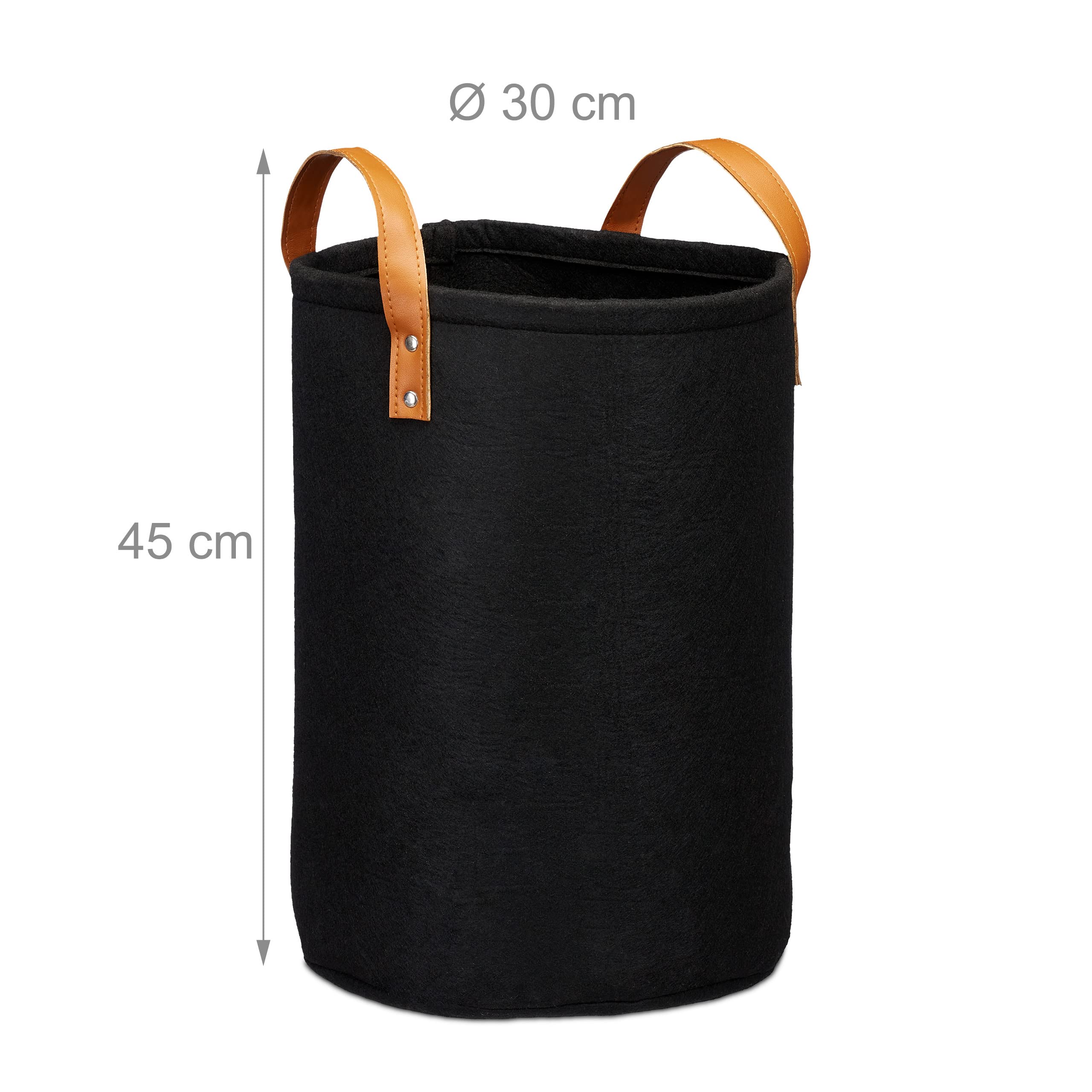 Relaxdays Felt Laundry Hamper, PU-Leather Handles, 28 L Storage Basket, Bathroom, HxD 45x30 cm, Black, 45 x 30 x 30 cm - Image 4