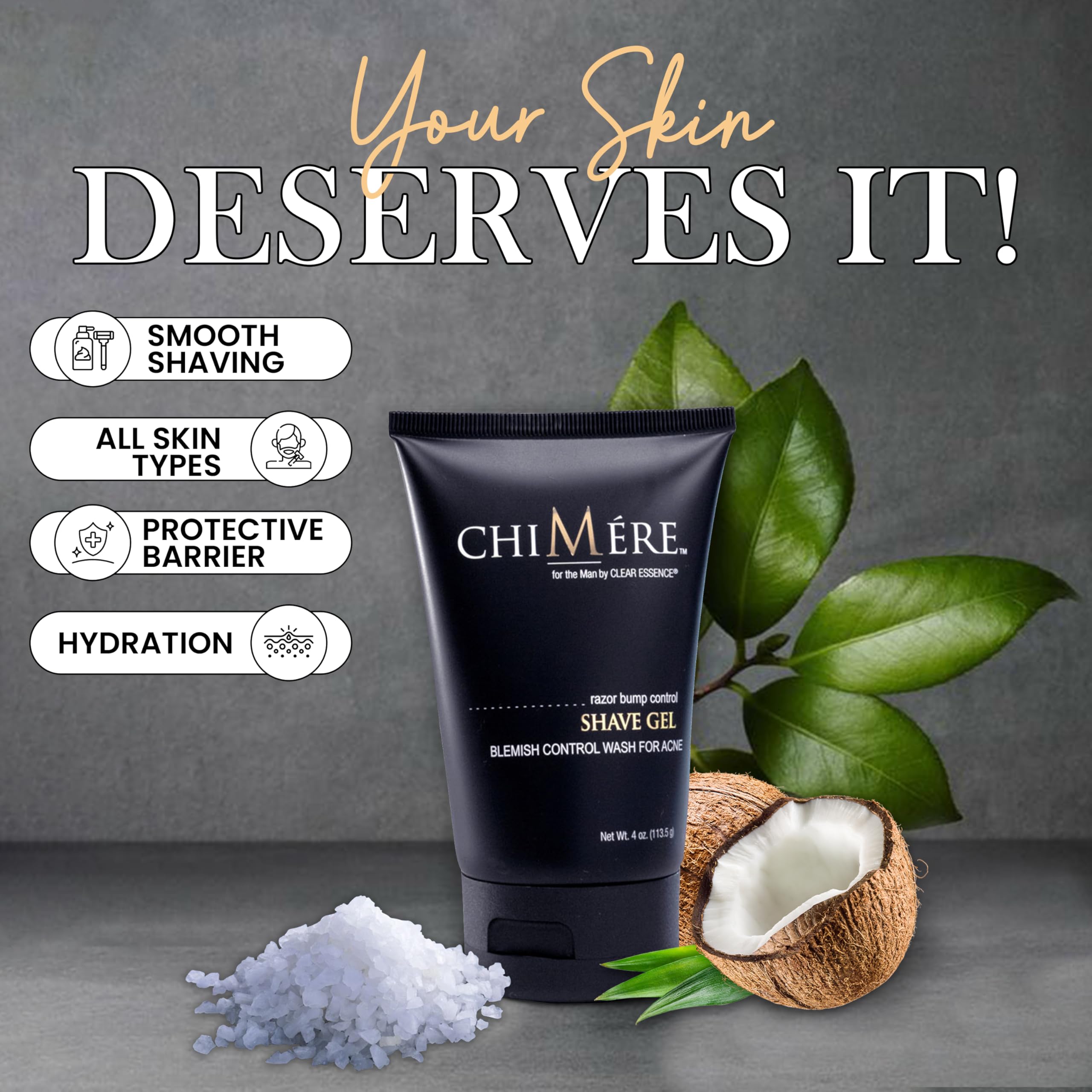 ChiMere Gel Shaving Cream for Men (Razor Bump Control + Blemish Control Wash for Acne) - Cools and Refreshes Skin - Helps Reduce Nicks, Razor Burn, and Irritation - 4 Oz.
