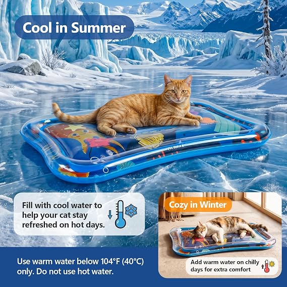 Cat Water Mat with Fish- Thickened Cat Sensory Water Play Mat Toy, Interactive Ocean Breeze Splashland with Floating Fish and 2 Balls for Cats & Kittens, Indoor Pet Water Bed Play Mat