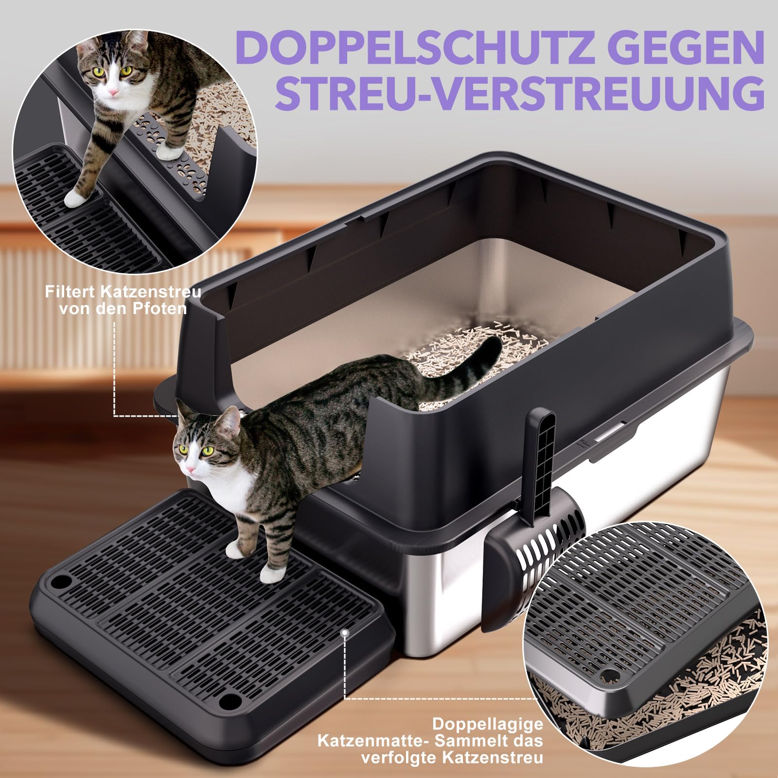 XXXL Edelstahl Katzenklo hoher Rand 70 × 50 × 30 cm 90 L offene Katzentoilette Edelstahl für großes Katzen & mehrereKatzen, geruchsfrei, kein Urinverlust, Spritzsicher & leicht zu reinigen Schwarz