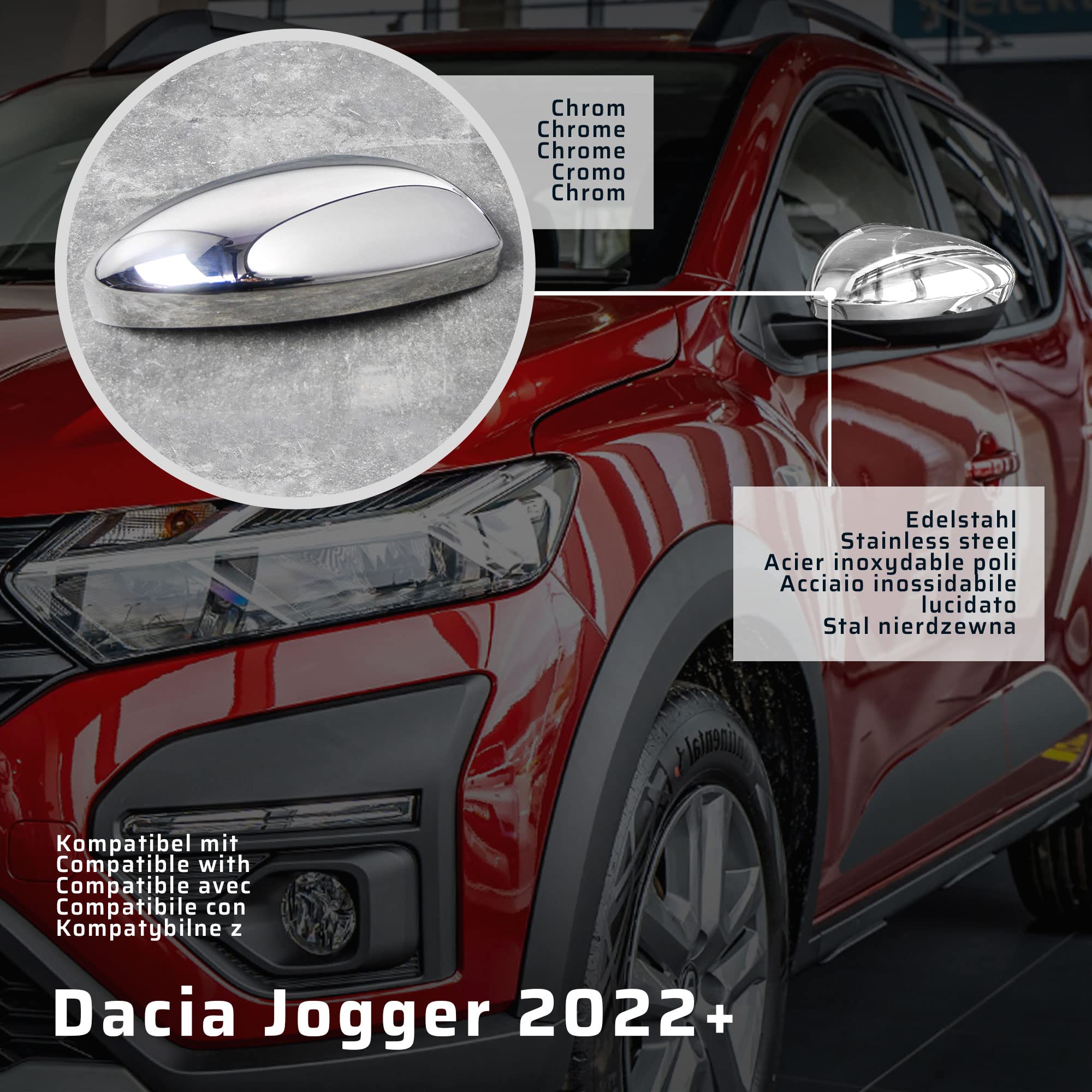 CHROMEMASTER | Nakładki na Lusterka Zewnętrzne | Kompatybilne z Dacia Jogger od roku 2022 | Stal nierdzewna; Osłony Lusterek to Niepowtarzalny Wygląd Auta i Ochrona Przed Uszkodzeniem