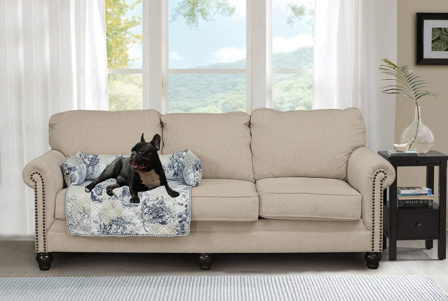 Brilliant Sunshine Quilted Calming Dog Bed Mat, Removable Washable Cover, Cushion Protector and Couch Covers for Dogs, Pets, Cats, Medium, Blue Beige Toile