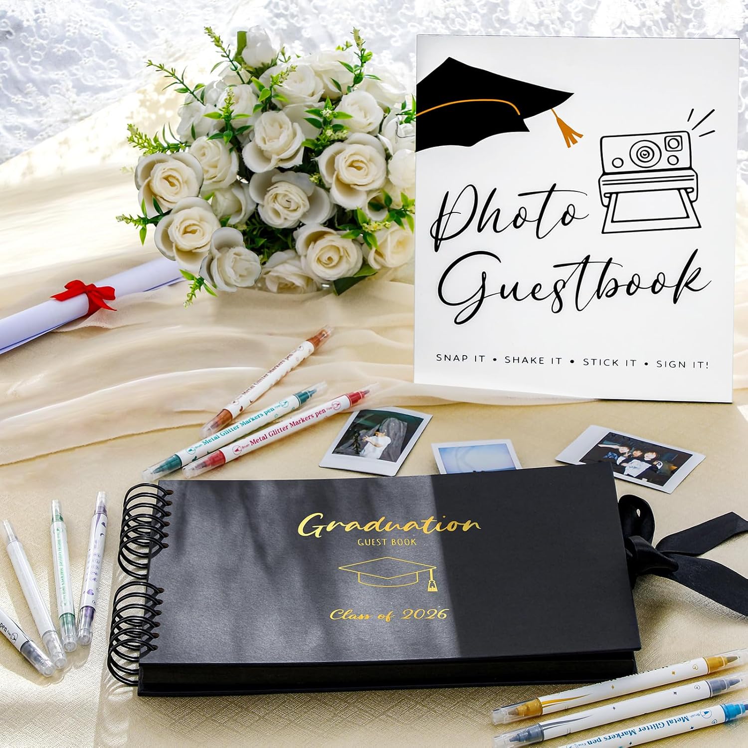 12 Pcs 2026 Graduation Guest Book with Photo Guest Book Sign, 80 Pages Scrapbook Photo Album with DIY Kit Dual Tip Metallic Pens for Party, Exclude Camera(Graduation Cap,Black,10.4 Inches) - Image 6