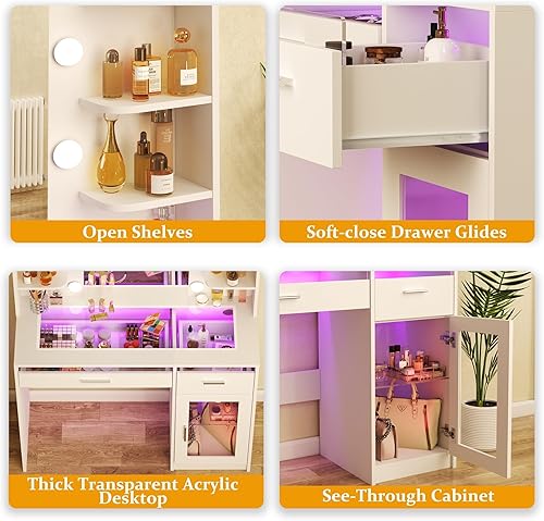 Miniatura 4 de Vanity Desk with Mirror and Lights, Makeup Vanity Desk with Lights 3 Colors, Transparent Top Vanity with 2 RGB Drawers, 6 Shelves, Large Tempered