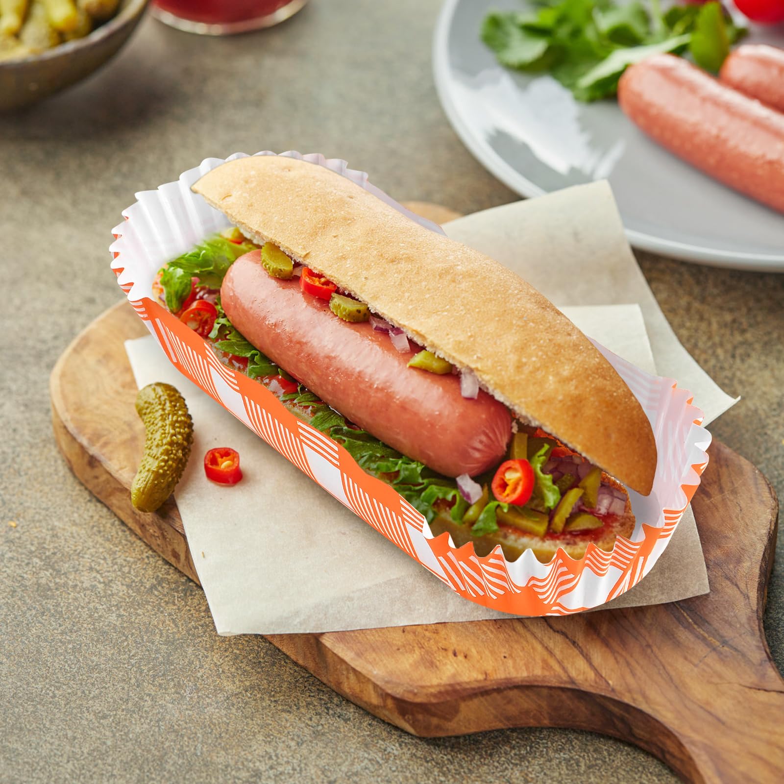 Ocmoiy Hotdog-Tabletts aus Papier, Einweg-Tabletts für Partys und Grillen, Hotdog-Halter, Hotdog-Boote, 15,2 cm, kleine geriffelte Papier-Tabletts, 300 Stück