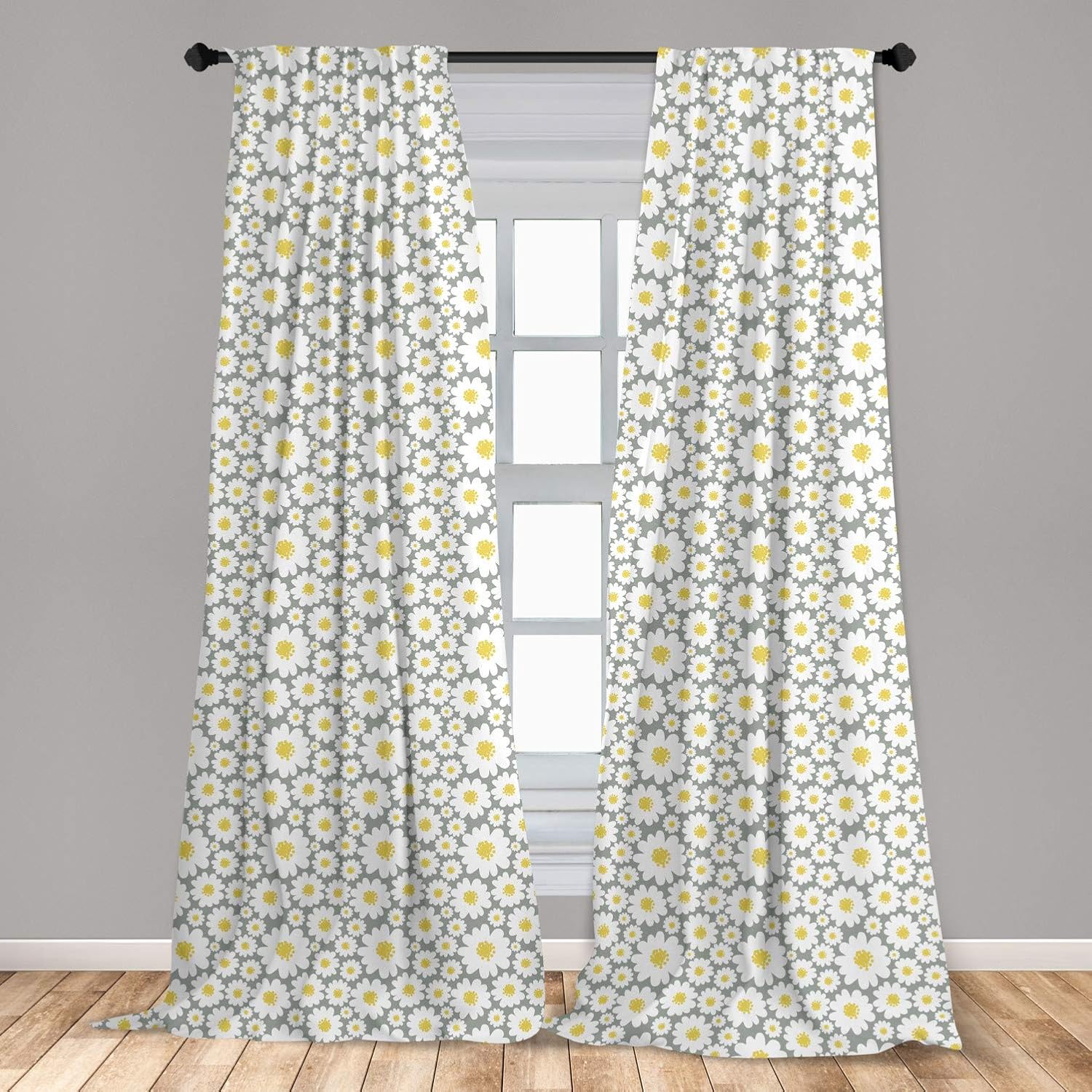 Lunarable Grey and Yellow Curtains, Spring Daisies Summer