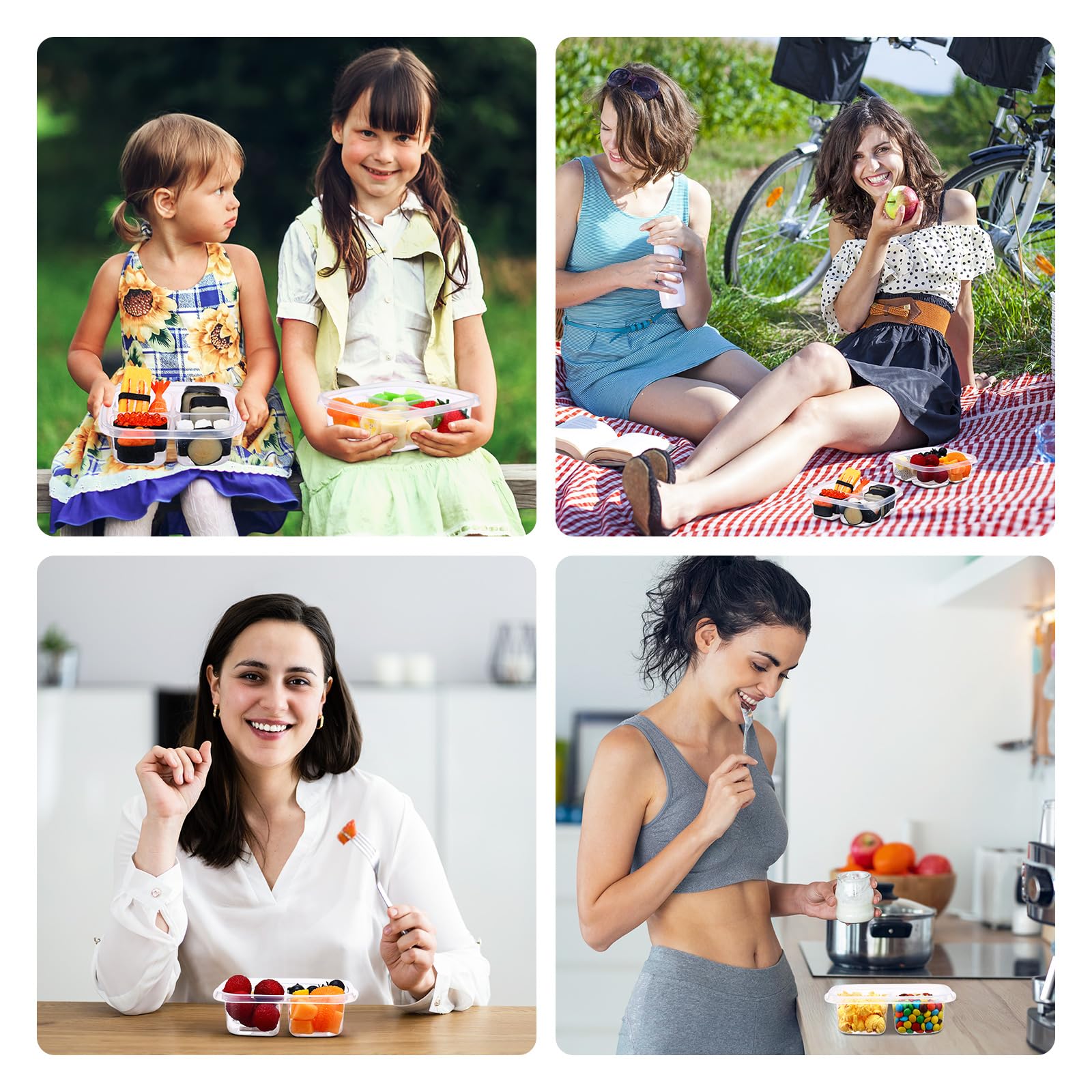 Dandat Juego de 50 recipientes reutilizables para aperitivos, a prueba de fugas, 4 compartimentos, contenedor de alimentos, caja bento de plástico con tapas, contenedores de almacenamiento de