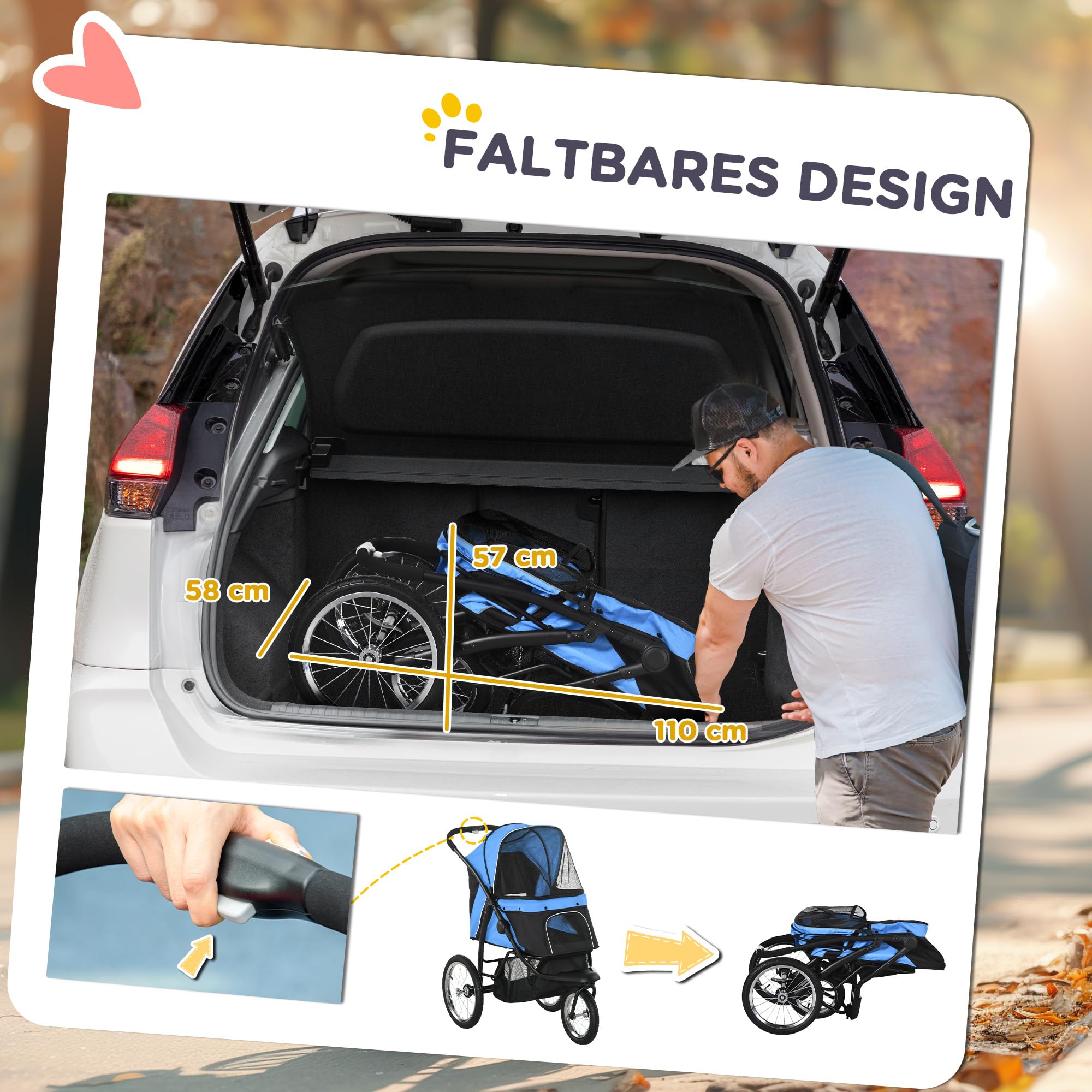 PawHut Hundewagen Hundebuggy klappbar für Hunde & Katzen bis 20 kg Katzenbuggy mit geländegängige Gummiräder Kissen Netzfenstern Türen Katzenwagen mit Aufbewahrungskorb Buggy Blau