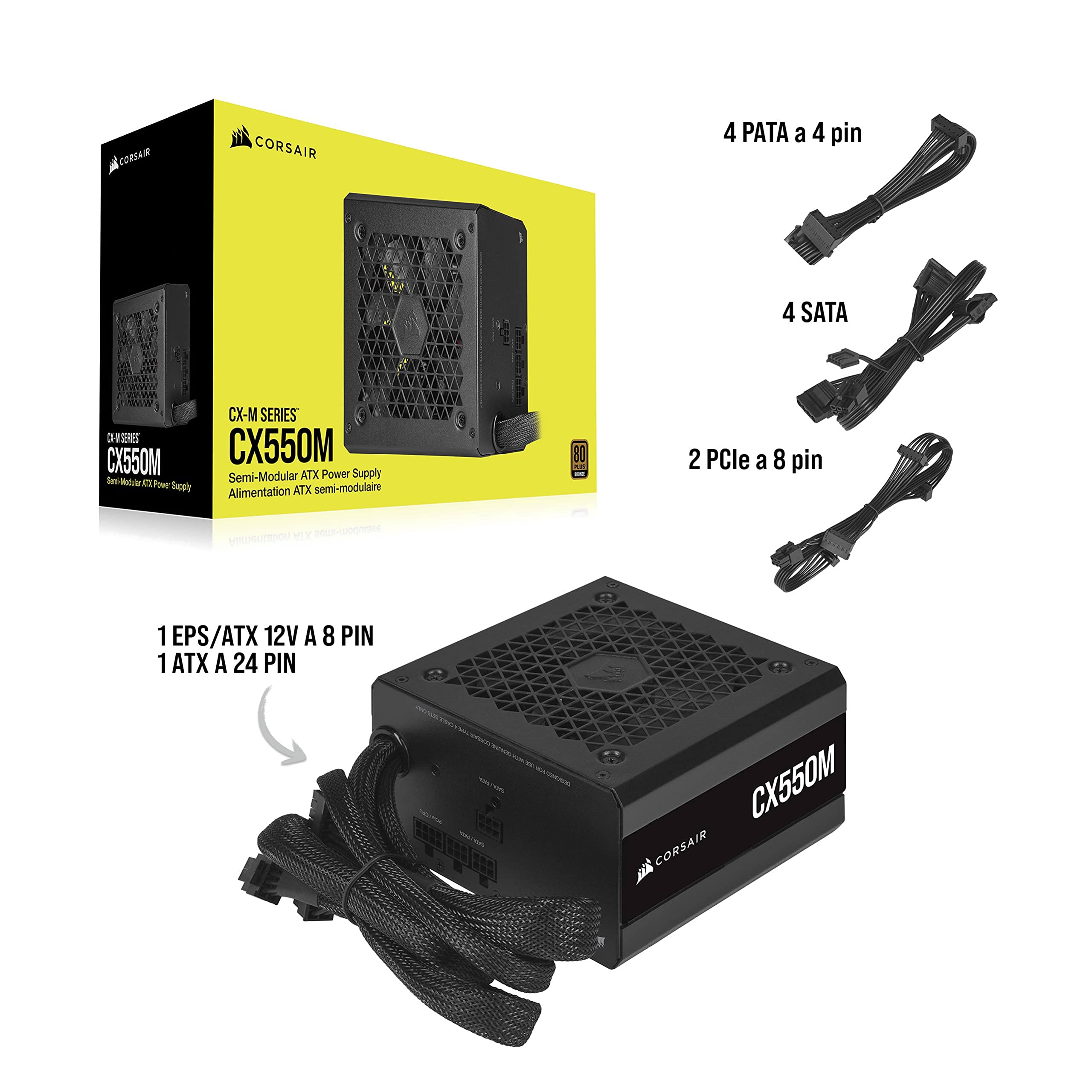 Corsair CX550M (2021) CX-M Series, 550 Watt 80 PLUS Bronze Semi-Modulare e a Bassa Rumorosità Alimentatore ATX , Connettori EPS12V Singoli, Condensatori 105 °C, Dimensioni Compatte, Nero
