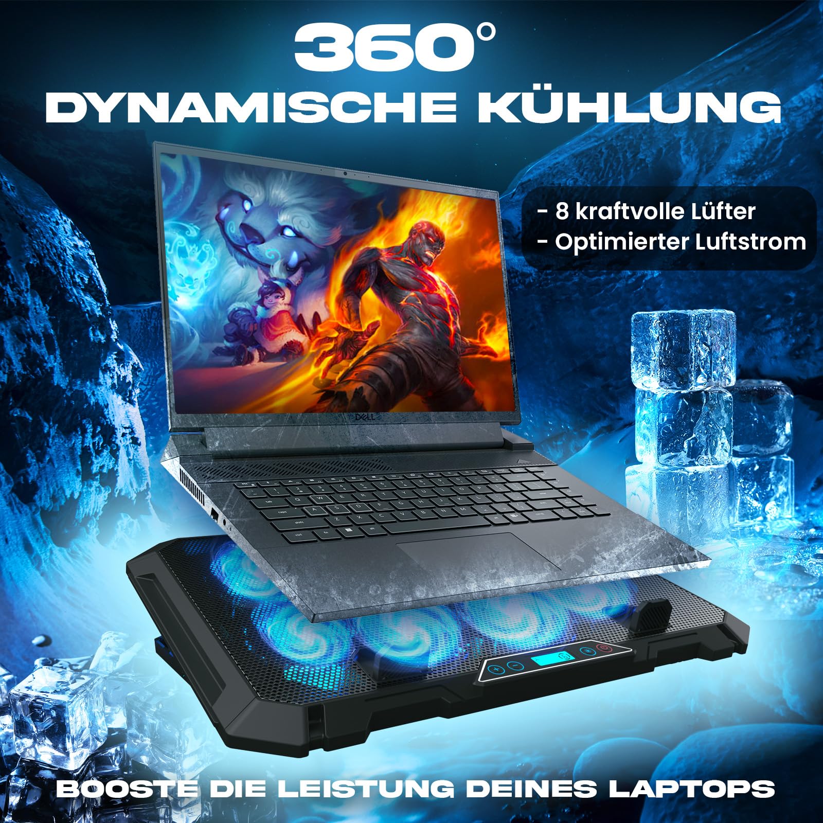 KLIM V8 Gaming Laptop Cooling Pad mit 8 Lüftern - Neu - Gaming Laptop Kühler - Stabiler RGB Notebook Ständer mit Lüfter - Kompatibel bis zu 17" - 2 USB Ports - Handyhalterung - 5 Jahre Schutz