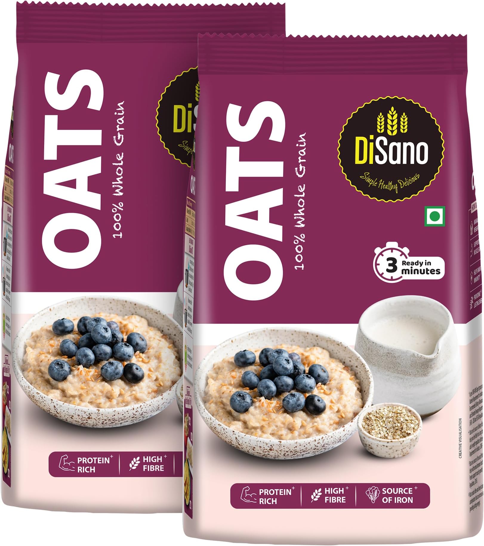 DiSano Oats 1kg (Pack of 2), Instant Oats, Wholegrain, High Fibre, Source of Protein