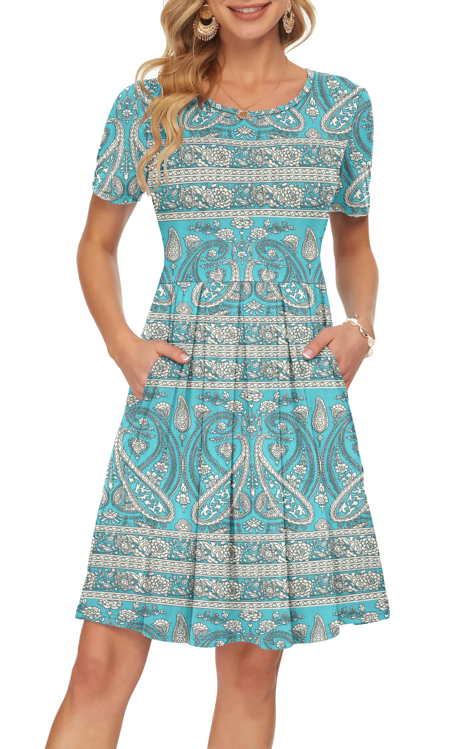Auselily Women's Boho Floral Green Short Sleeve Pleated Loose Swing Casual Dress With Pockets Knee Length 2XL