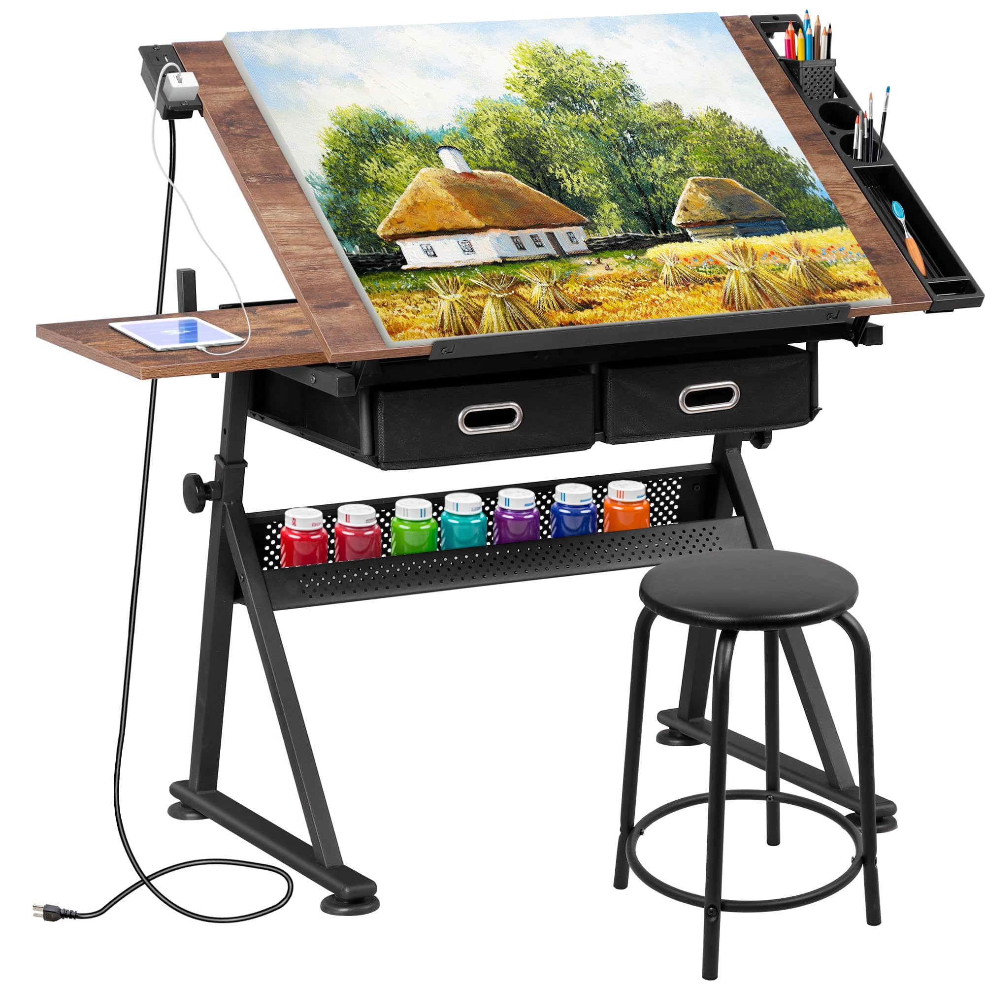 HomGarden Height Adjustable Drafting Desk Drawing Table Art Craft Work Station w/Stool, Power Outlet and Storage Drawers for Home Office Study Room, Rustic Brown