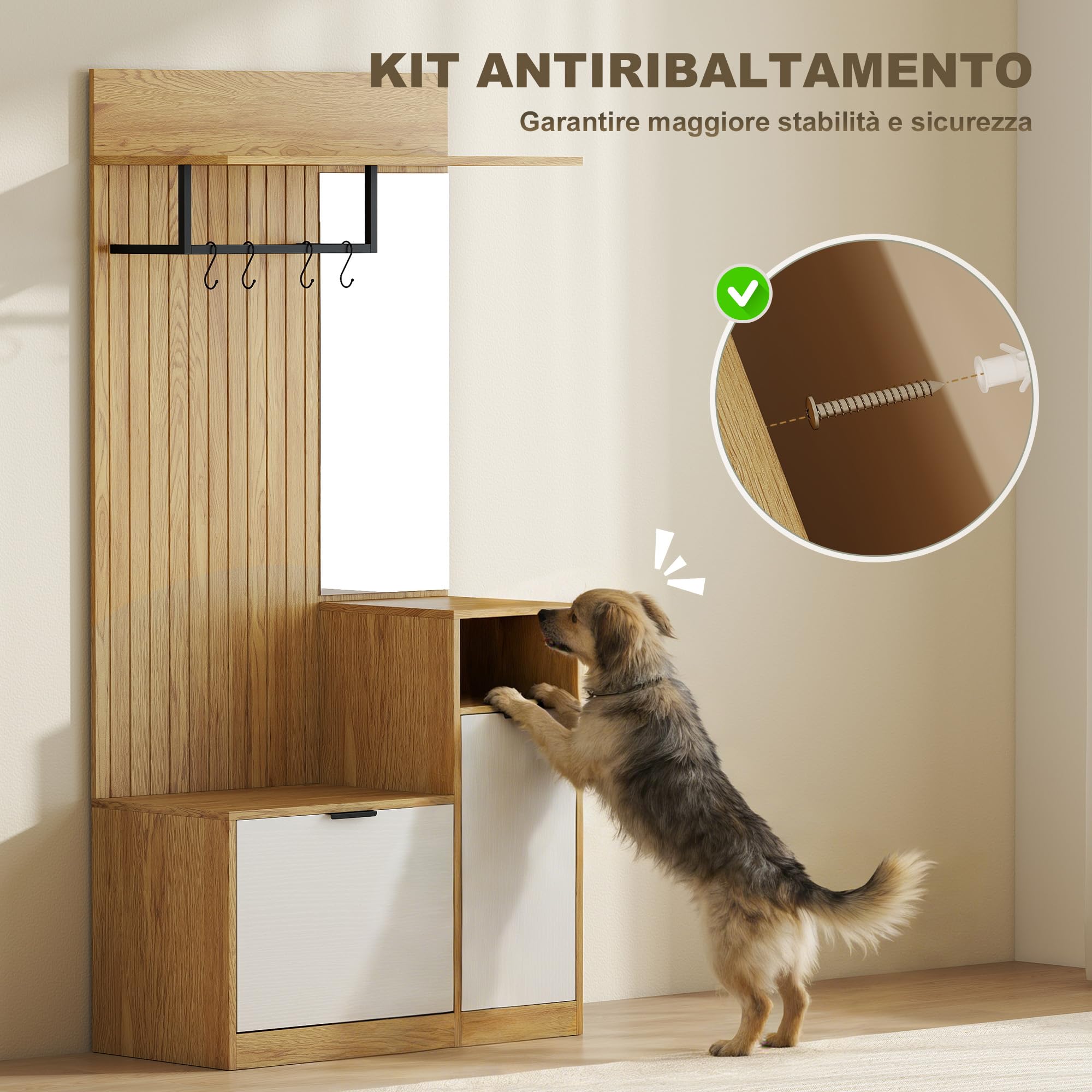 HOMCOM Appendiabiti da Ingresso con Specchio, 4 Ganci, Panca e Scarpiera, Mobile Appendiabiti con Armadietto e Ripiano Aperto, Gambe in Legno, per Ingresso Corridoio, Rovere e Bianco