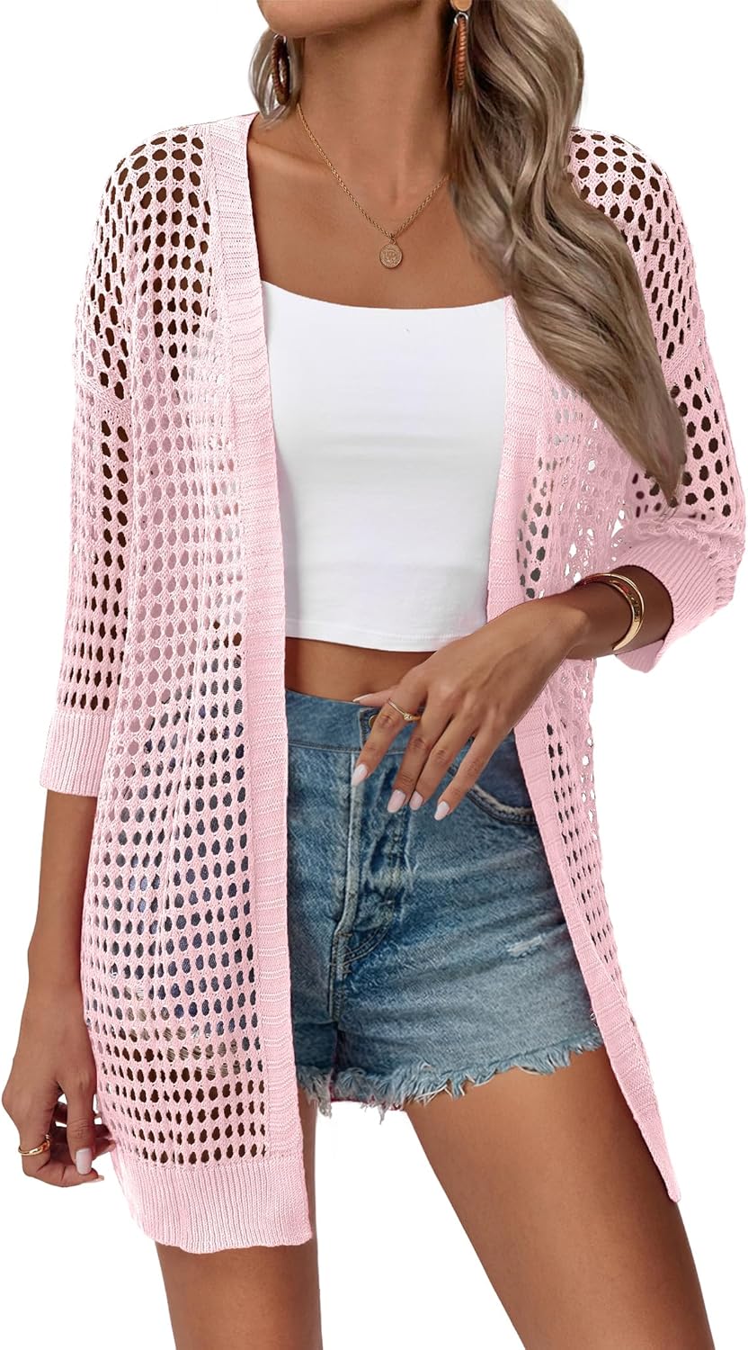 Zeagoo Women's 2026 Summer Crochet Lightweight Cardigan Short Sleeve Boho Kimono Oversized Open Front Sweater Tops