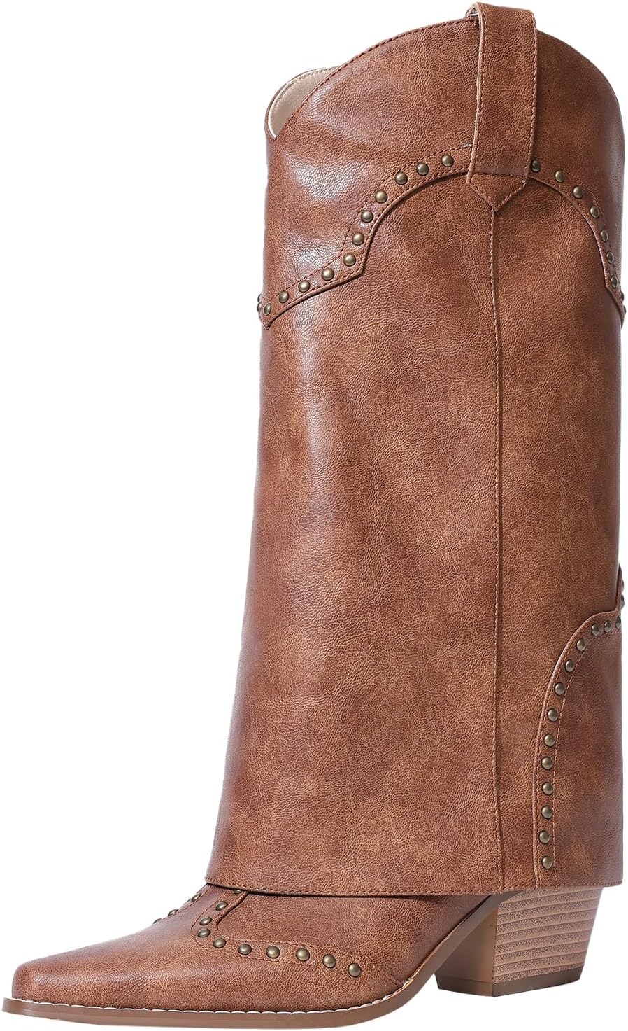 Women Shark Boots Fold Over Mid Calf Chunky Heel Snip Toe Cowboy Cowgirl Pull On Studded Boots for Women