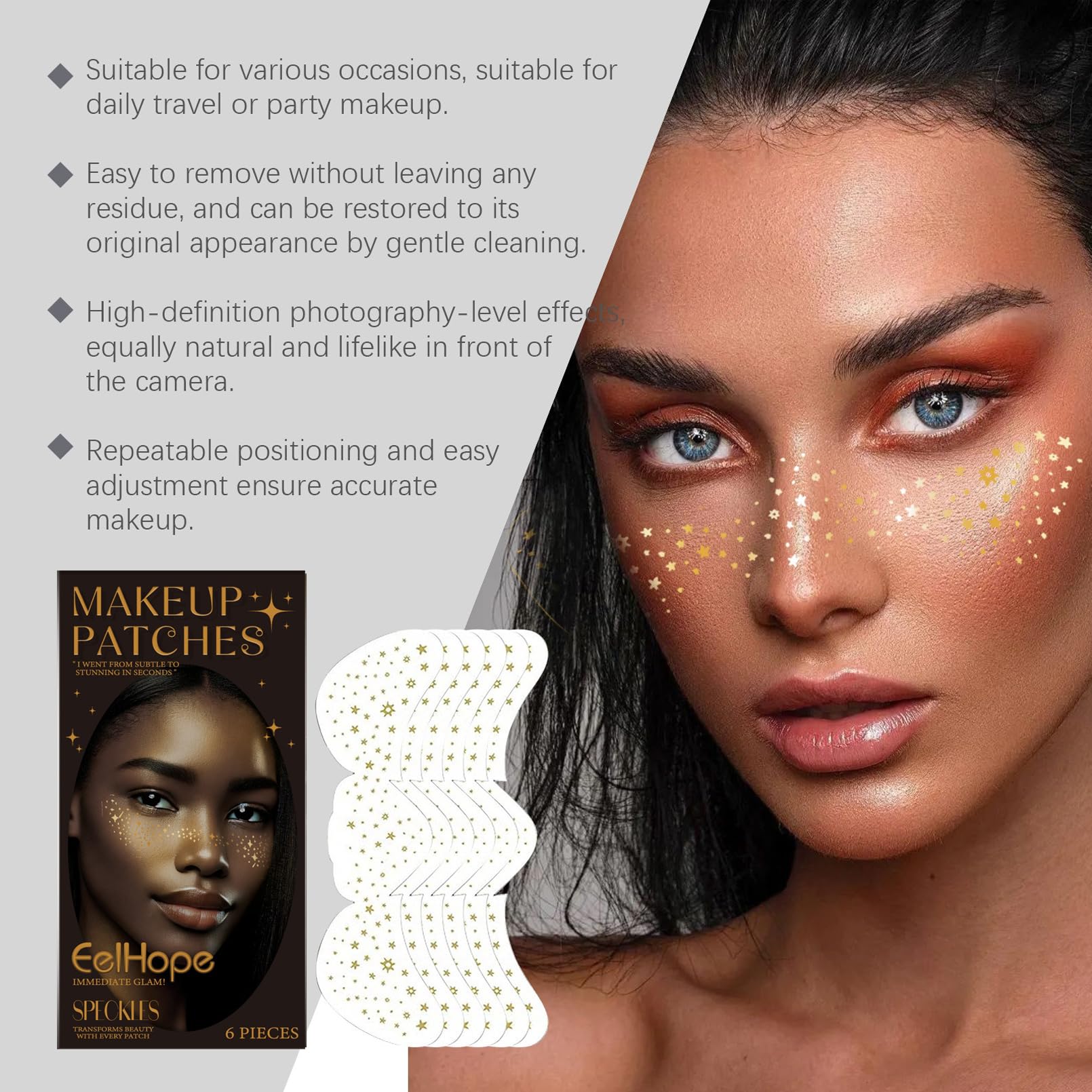 6 Tatuajes Temporales De Pecas Con Purpurina – Brillantina Facial De Fácil Aplicación Para Fiestas Y Disfraces