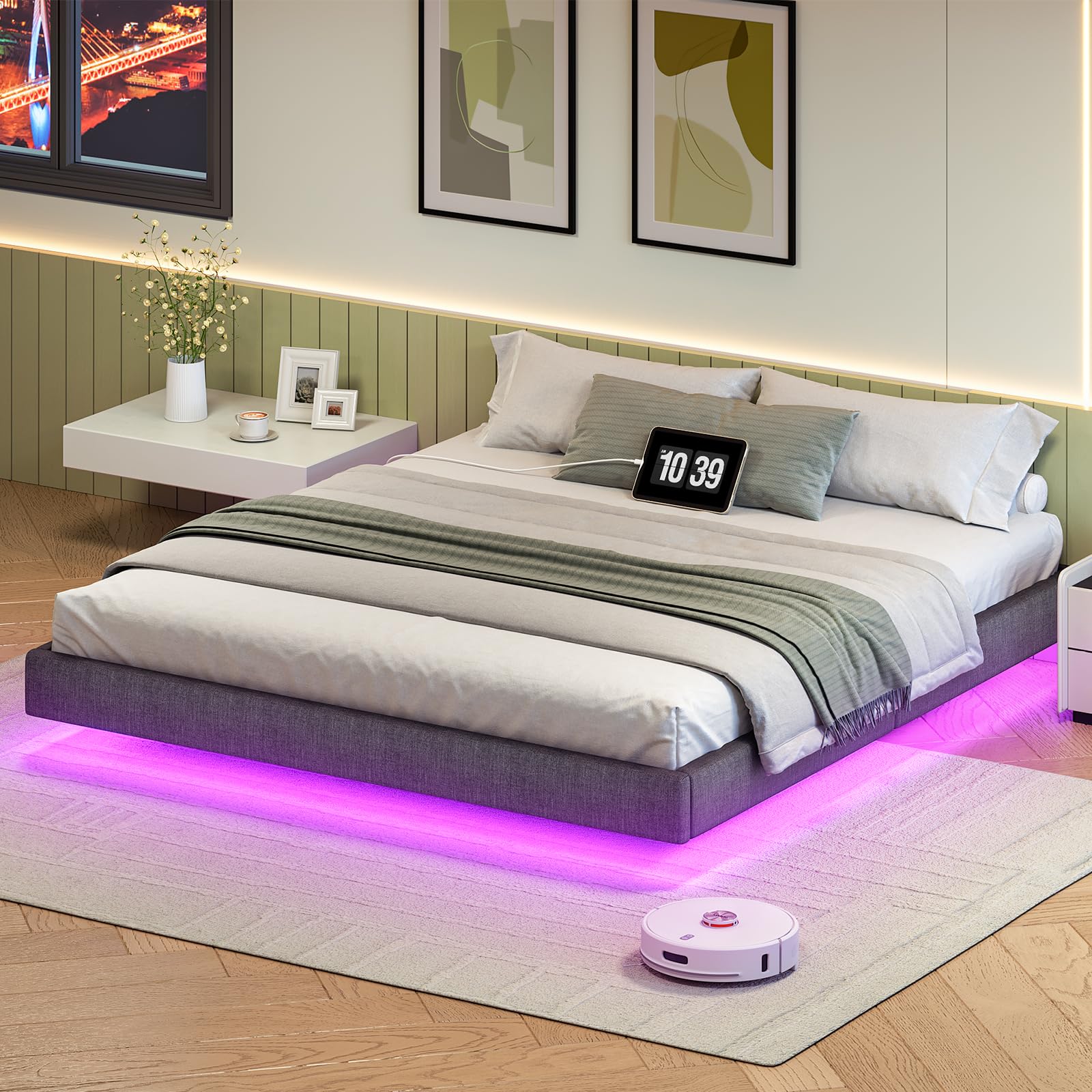 HOOBRO Gepolstertes Bettgestell, Polsterbett, Schwebebett mit Ladestation und Einstellbarer LED-Beleuchtung, 1 USB-Anschluss und 1 Typ-C, Dunkelgrau