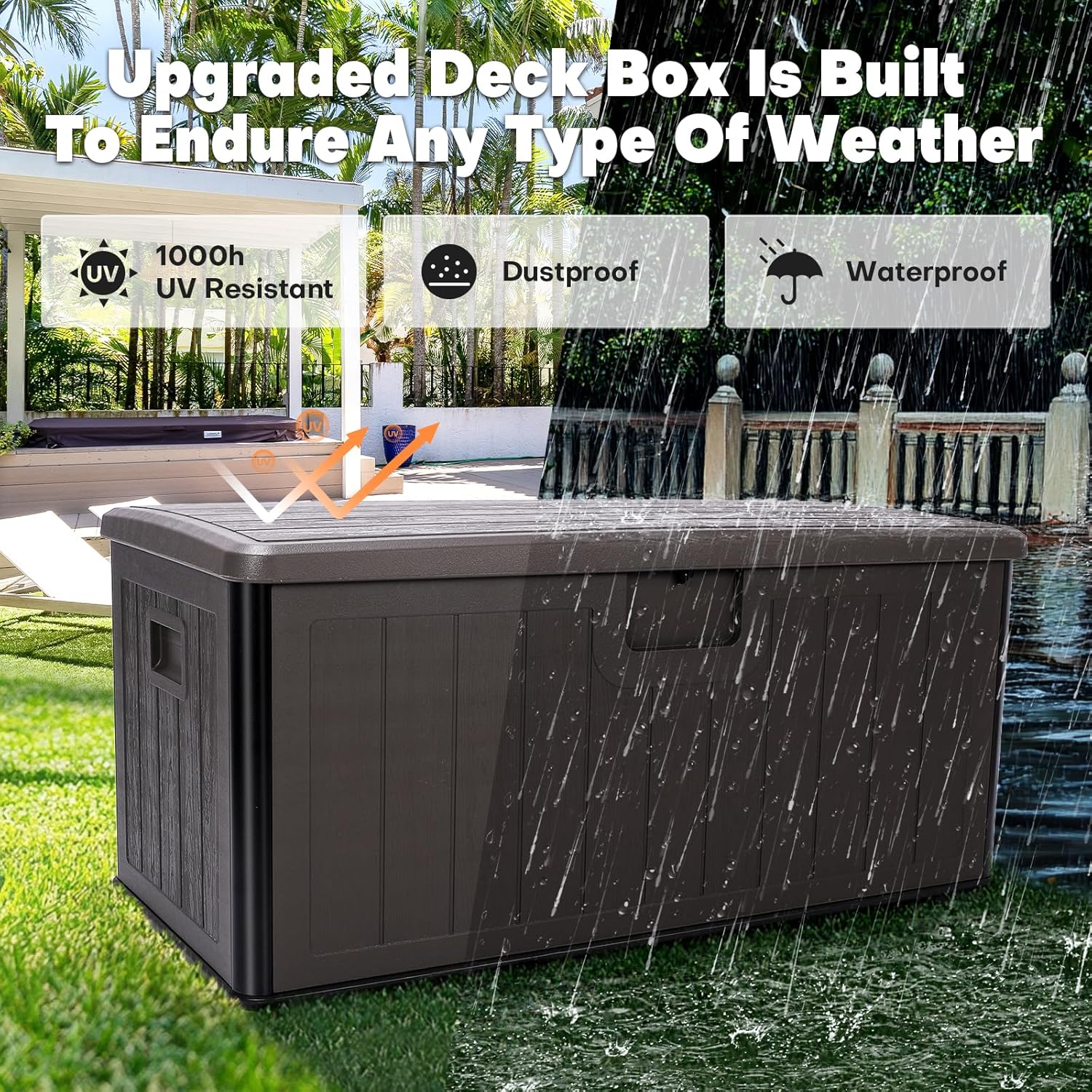 Outdoor Storage Deck Box 100 Gallon, UV Resistant & Waterproof Deck Box with Double-Wall Construction, Lockable Storage Bins Container for Pool Patio Garden