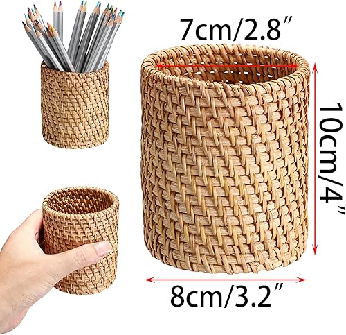 Miniatura 3 de BTSKY Paquete de 3 vasos de ratán, soportes para lápices de escritorio hechos a mano, soporte para brochas de maquillaje, cesta tejida