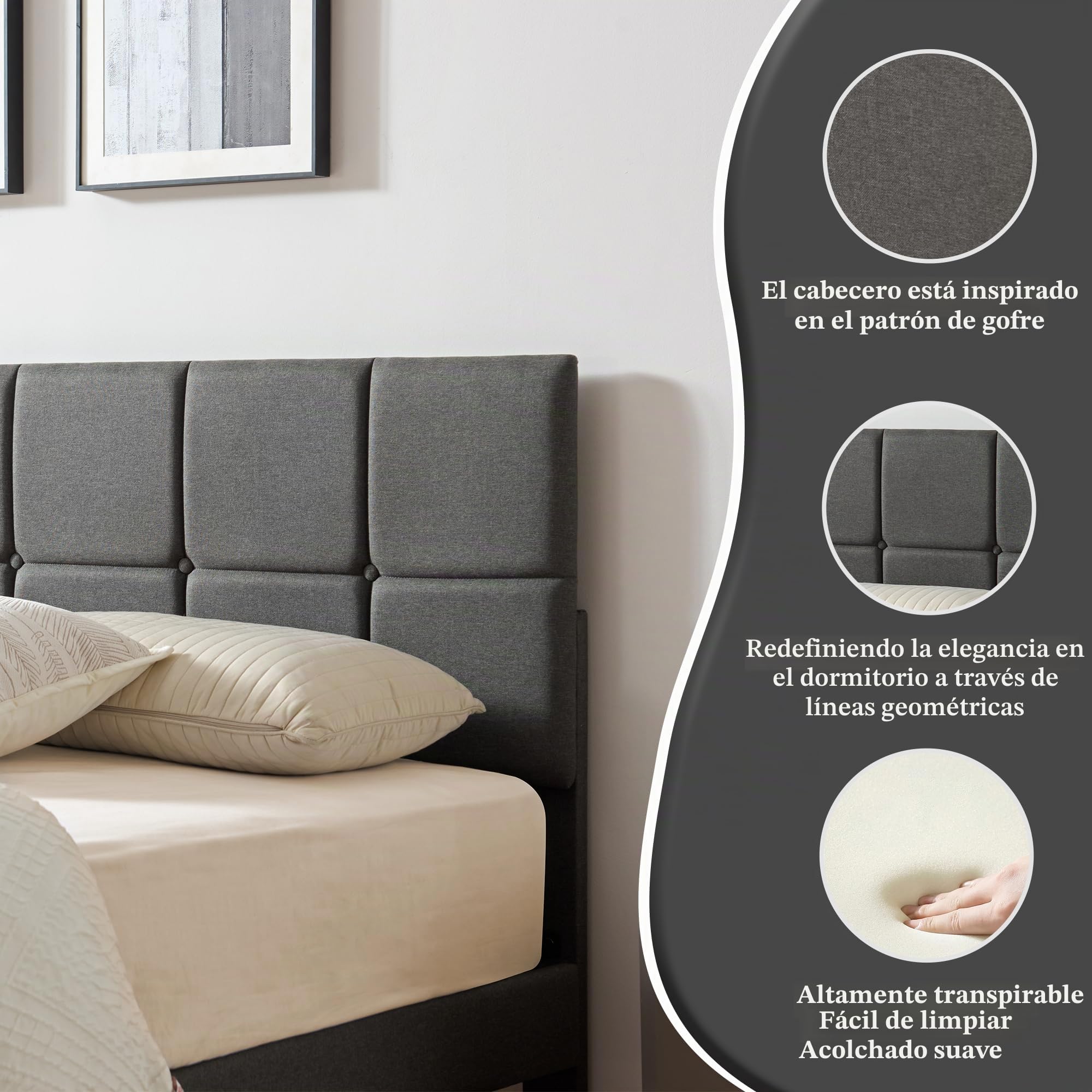Z-hom Marco de Cama Tapizada de 160 x 200 cm Camas de Matrimonio con Cabecero Regulable en Altura Estructura Estable con Listón de Madera