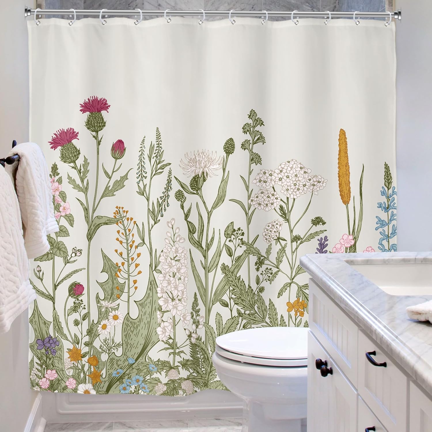Riyidecor Fabric Wildflower Botanical Shower Curtain for Bathroom Decor 72Wx74H Inch Floral Flower Plant Herbs Green Leaves Decorative Bath Set Bathroom Accessories Polyester Waterproof 12 Pack Hooks