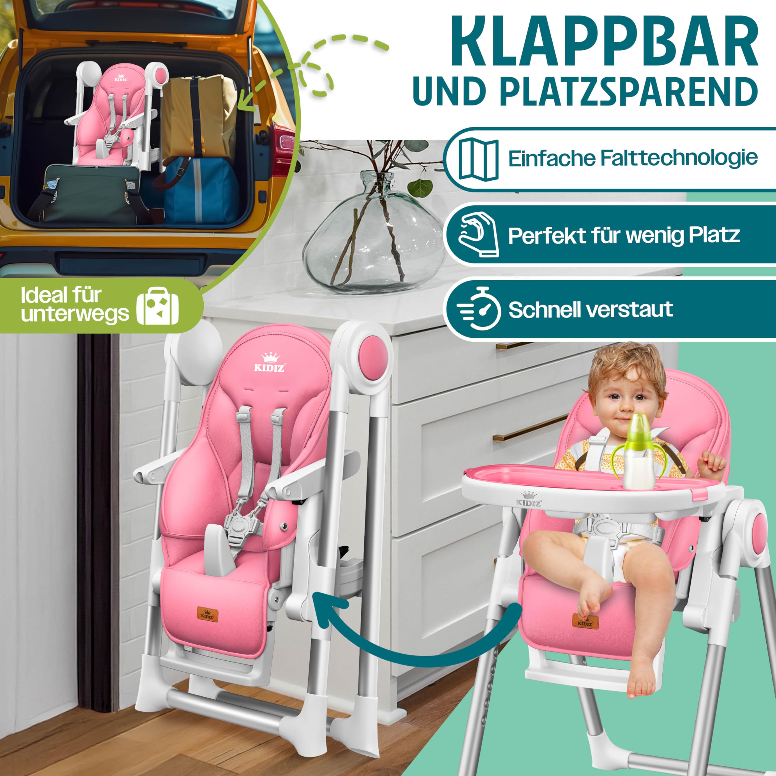 KIDIZ® Chaise haute 3 en 1 | Chaise haute pour enfant avec arceau de jeu, chaise longue pour bébé, chaise haute combinée, Siège haut pour bébé,7 hauteurs réglables, rose
